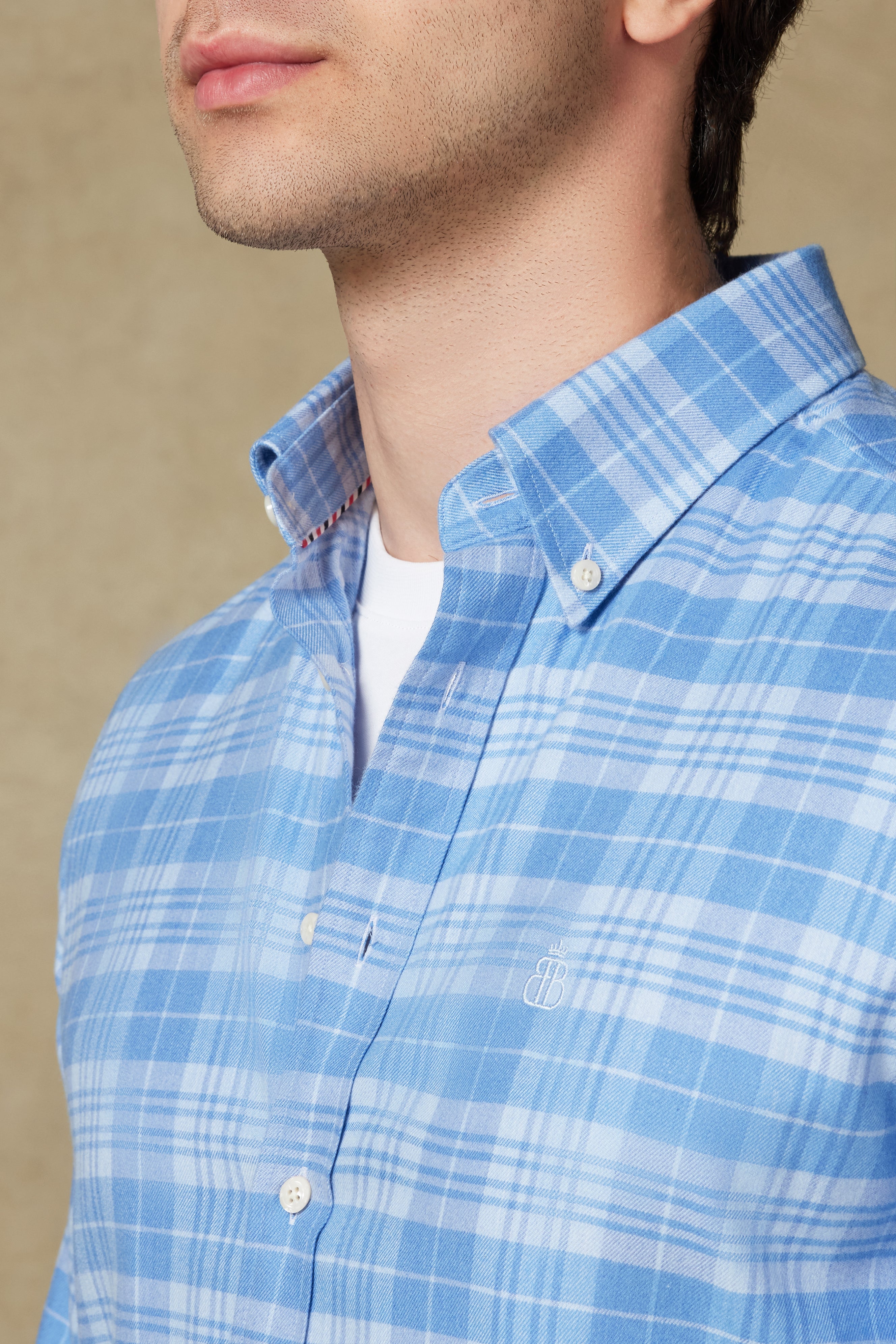 Abbate Luca Flanel Pamuk Karışımlı Comfort Fit Açık Mavi Düğmeli Yaka Erkek Ekoseli Gömlek