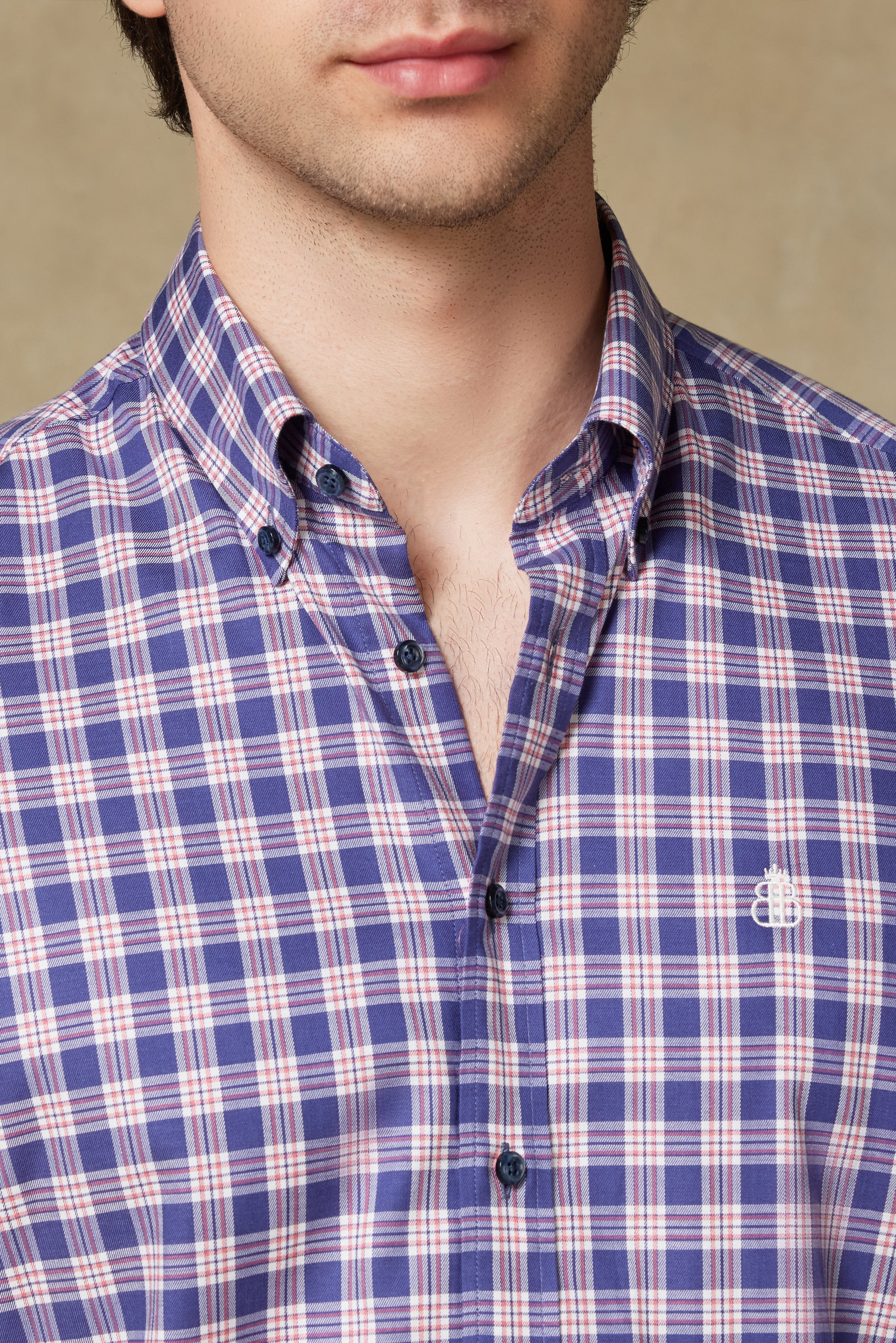 Abbate Luca Flanel Tencel (Lyocell) Comfort Fit Lacivert Düğmeli Yaka Erkek Ekoseli Gömlek