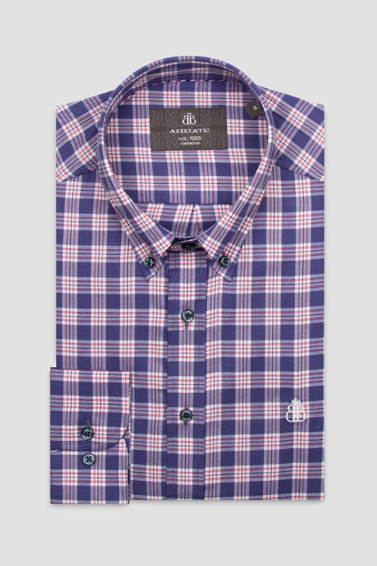 Abbate Luca Flanel Tencel (Lyocell) Comfort Fit Lacivert Düğmeli Yaka Erkek Ekoseli Gömlek