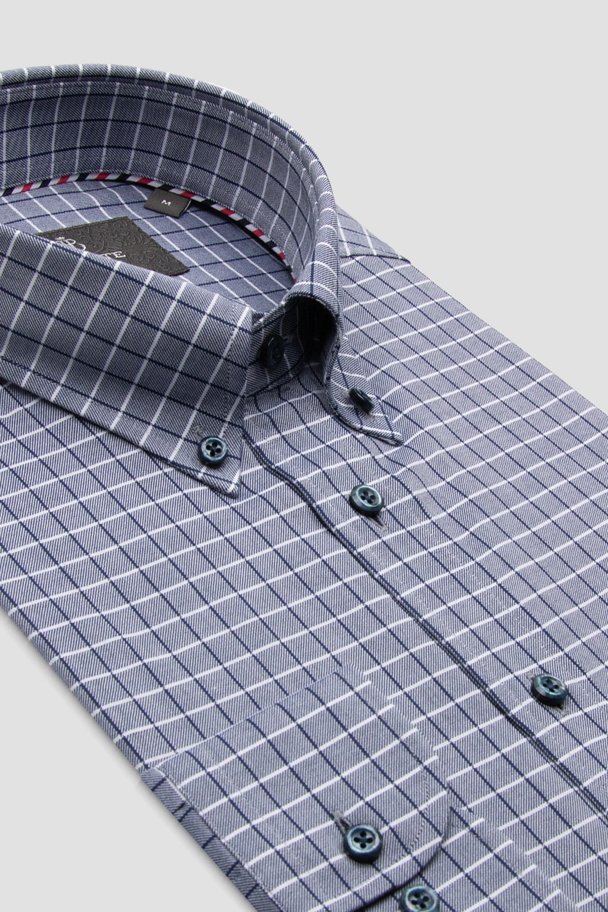 Abbate Luca Flanel Pamuklu Comfort Fit Gri Düğmeli Yaka Erkek Kareli Gömlek