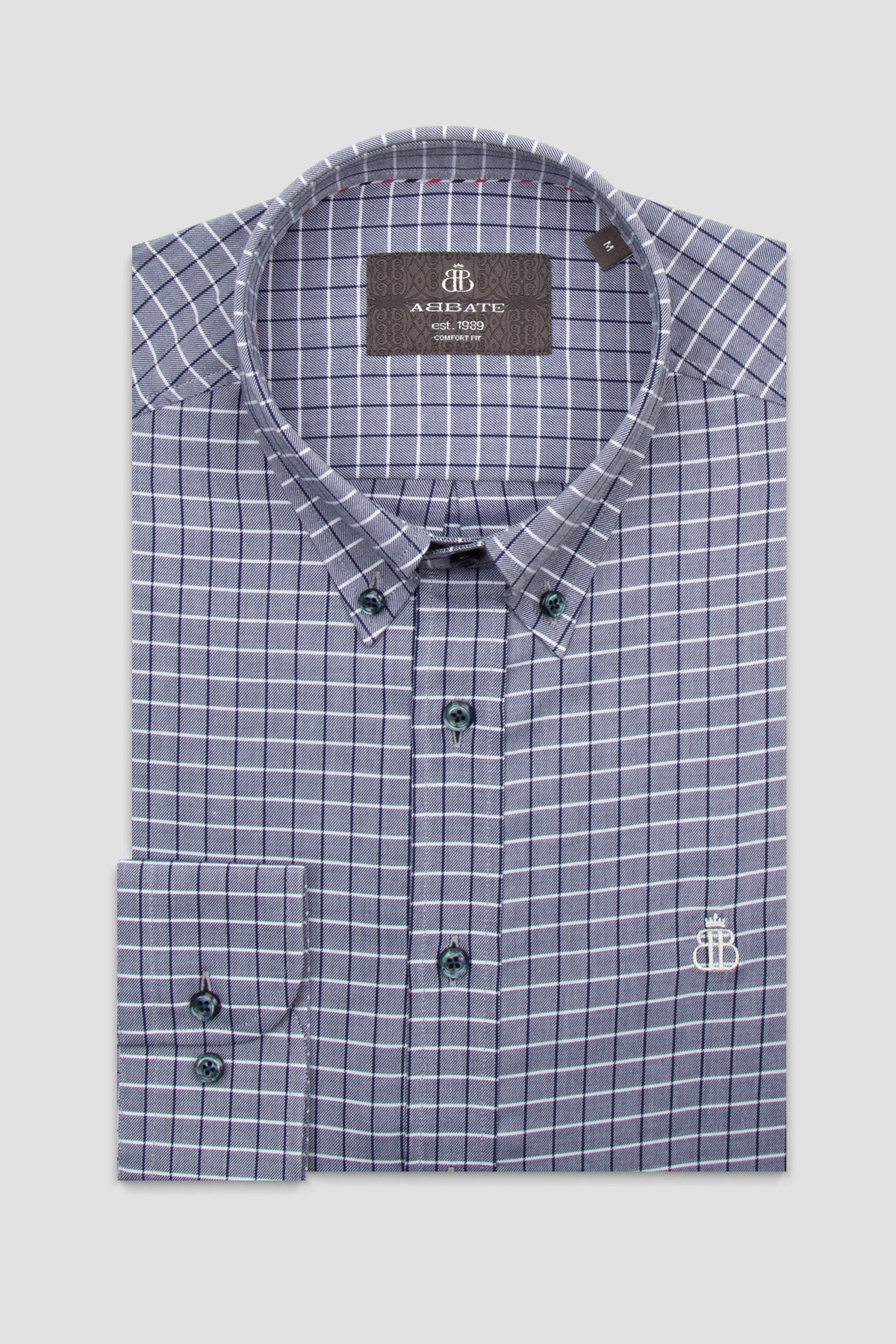 Abbate Luca Flanel Pamuklu Comfort Fit Gri Düğmeli Yaka Erkek Kareli Gömlek