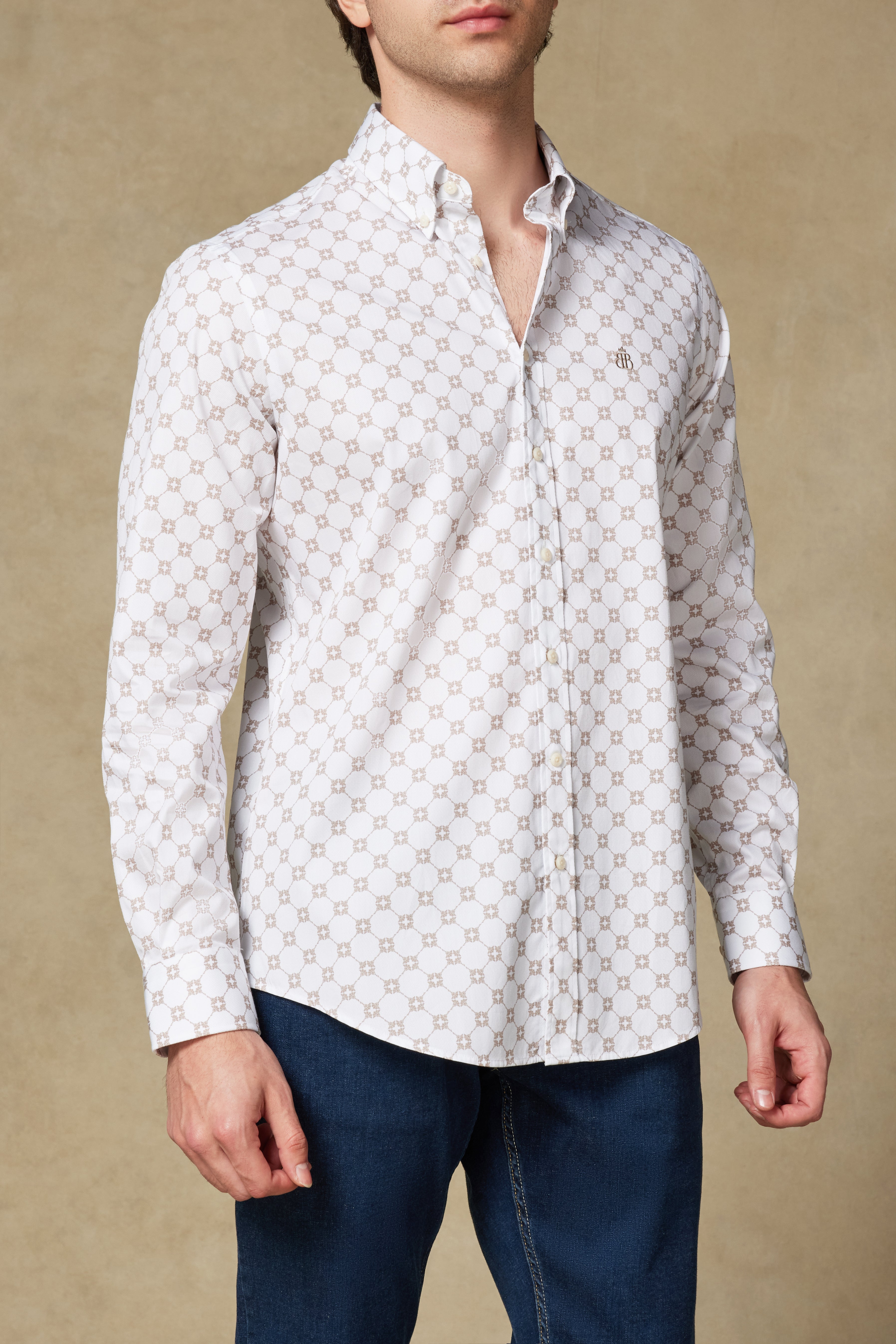 Abbate Luca Dobby Pamuklu Comfort Fit Bej Düğmeli Yaka Erkek Baskılı Gömlek