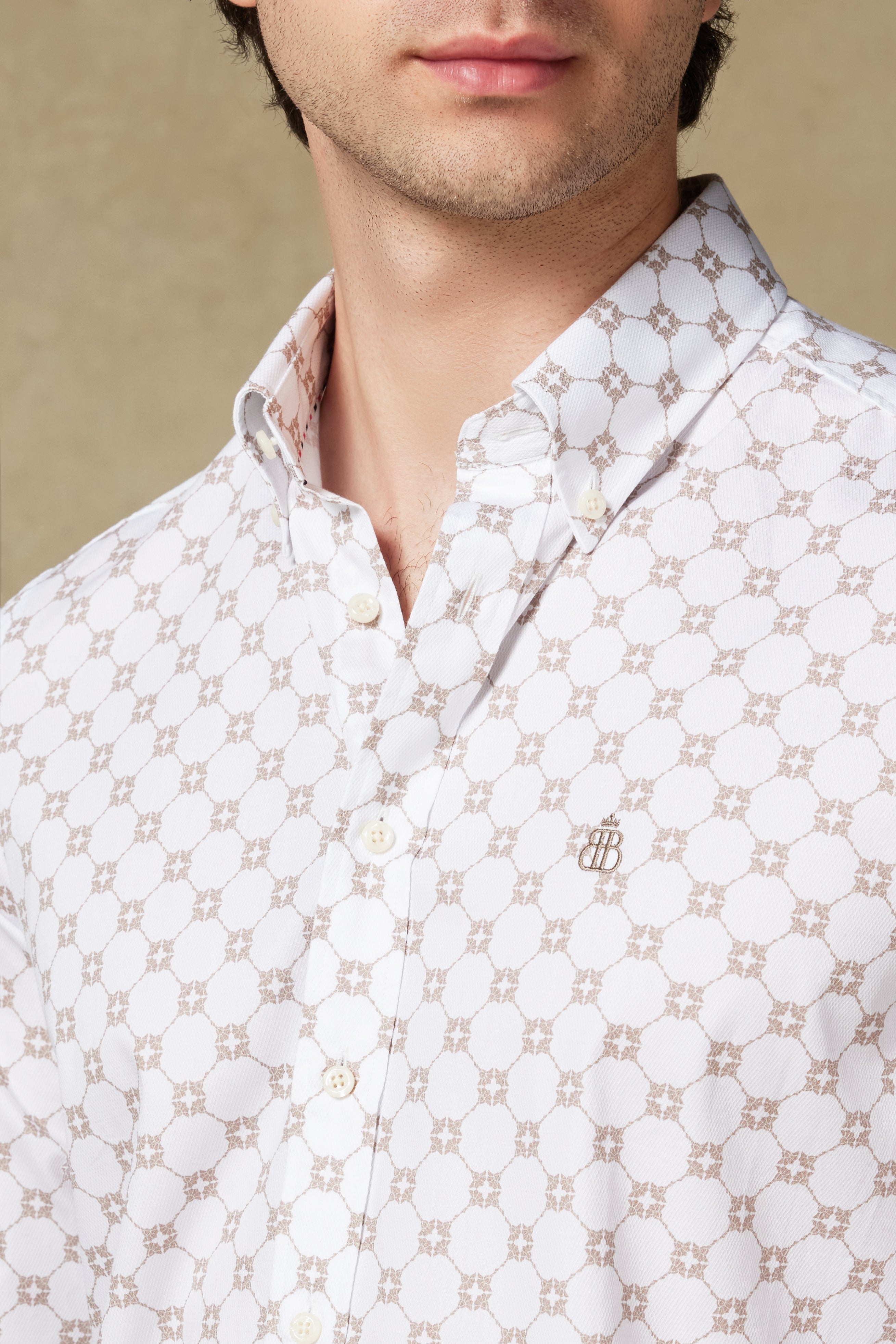 Abbate Luca Dobby Pamuklu Comfort Fit Bej Düğmeli Yaka Erkek Baskılı Gömlek