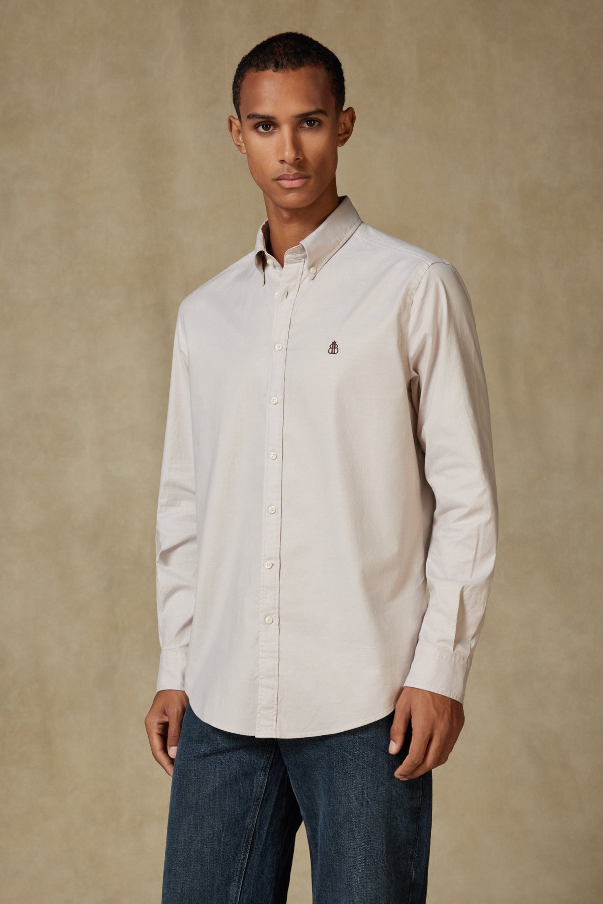 Abbate Luca Oxford Stretch Pamuk Karışımlı Comfort Fit Bej Düğmeli Yaka Erkek Düz Gömlek