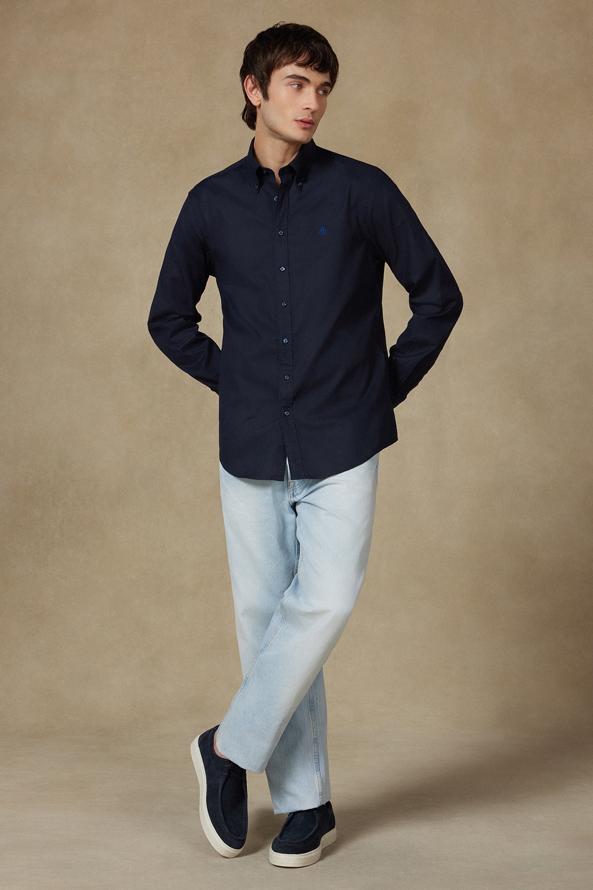 Abbate Luca Oxford Stretch Pamuk Karışımlı Comfort Fit Lacivert Düğmeli Yaka Erkek Düz Gömlek