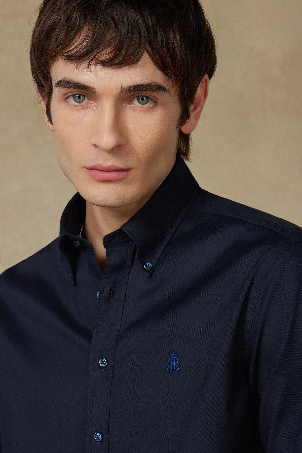 Abbate Luca Oxford Stretch Pamuk Karışımlı Comfort Fit Lacivert Düğmeli Yaka Erkek Düz Gömlek