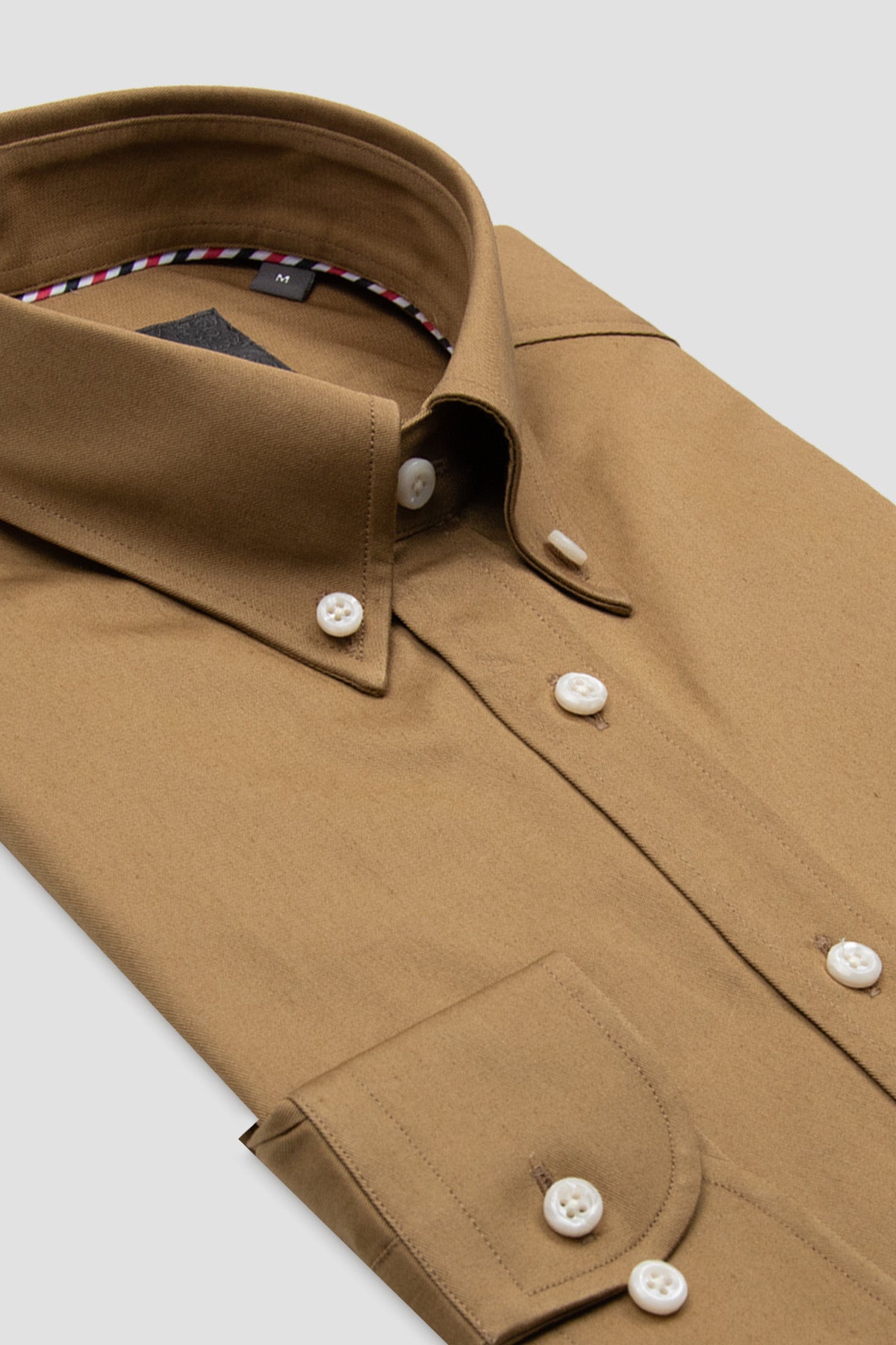 Abbate Luca Twill Pamuklu Comfort Fit Kahverengi Düğmeli Yaka Erkek Düz Gömlek