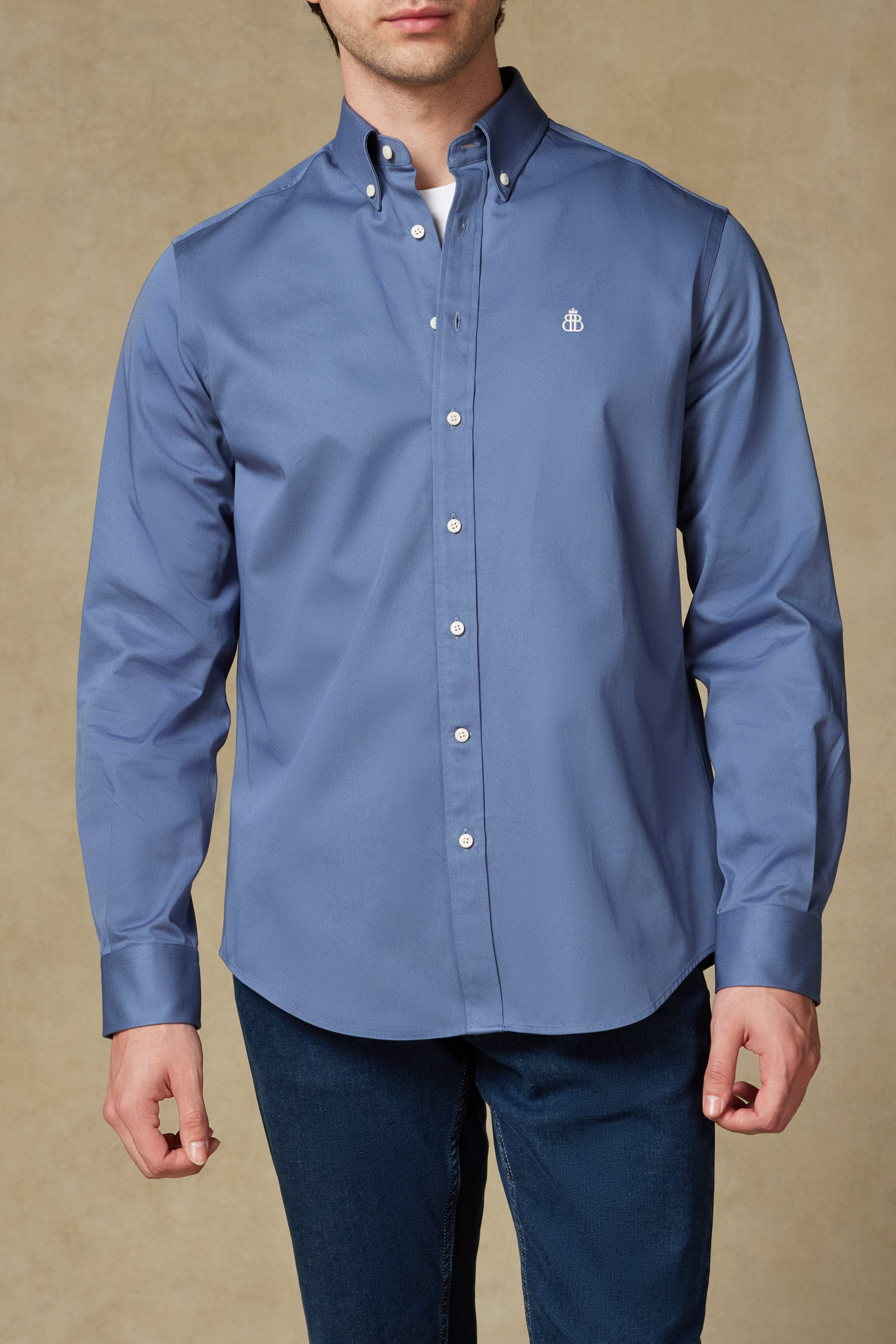 Abbate Luca Twill Pamuklu Comfort Fit Mavi Düğmeli Yaka Erkek Düz Gömlek