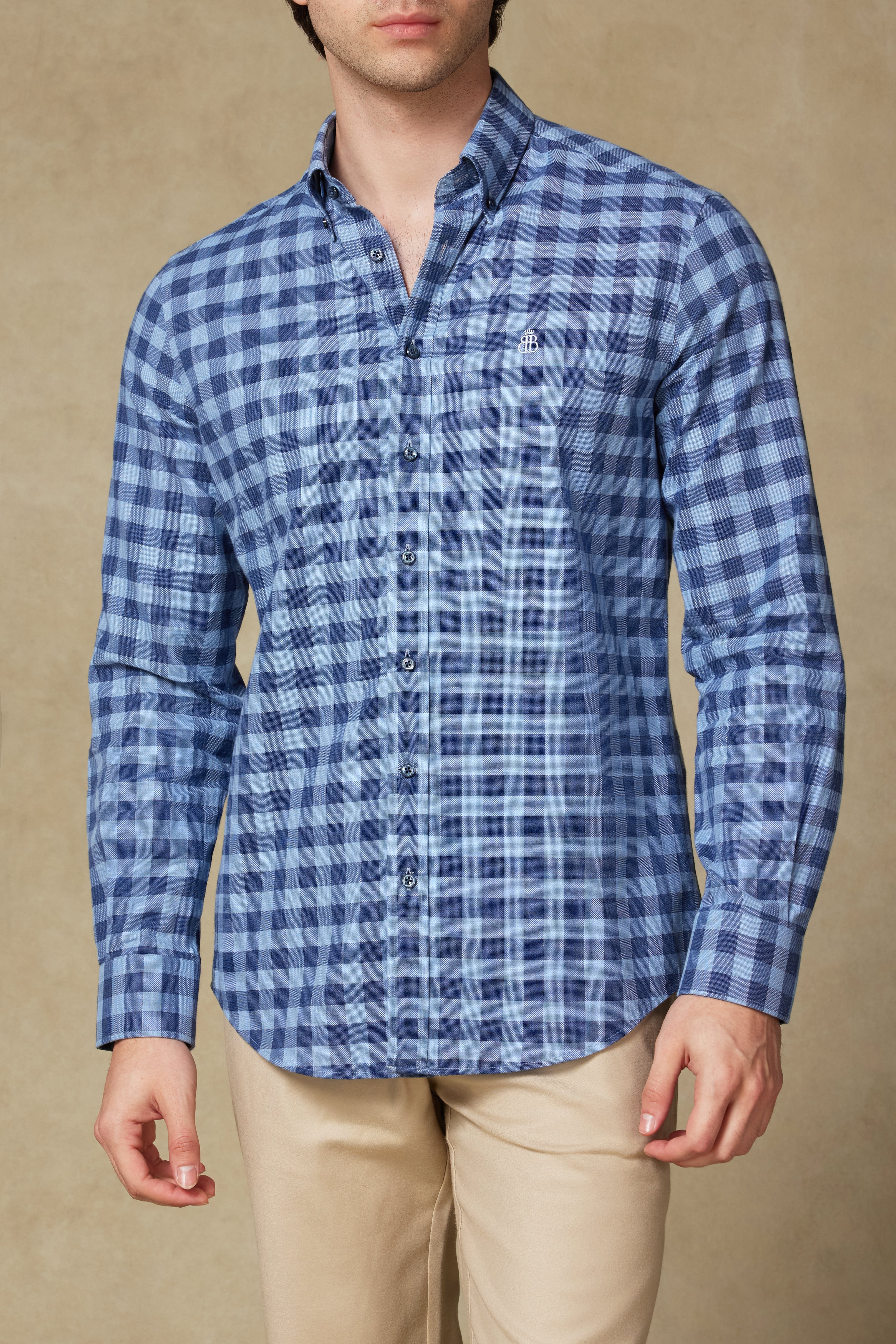 Abbate Luca Oxford Pamuklu Comfort Fit Koyu Mavi Düğmeli Yaka Erkek Ekoseli Gömlek
