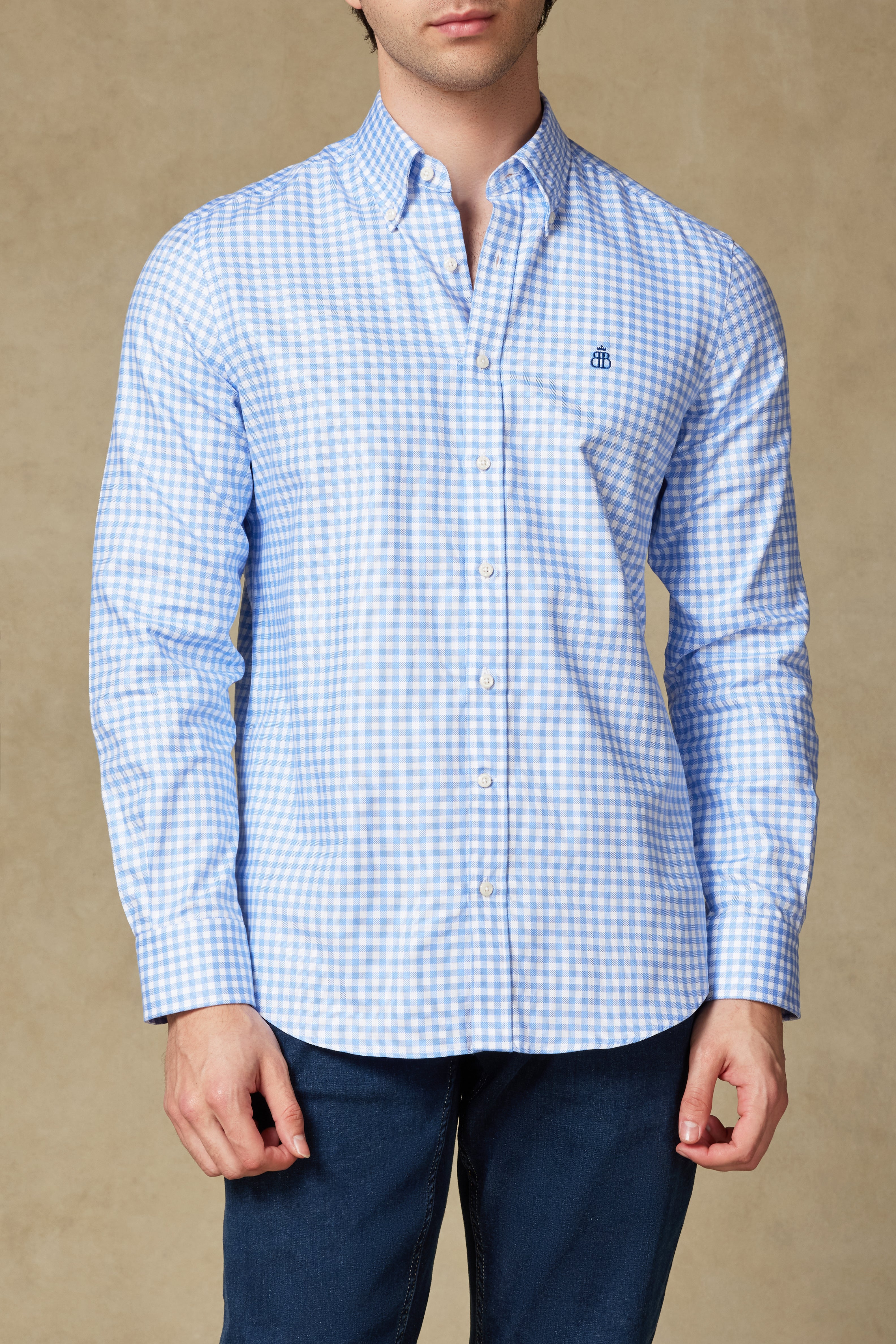 Abbate Luca Twill Pamuklu Comfort Fit Açık Mavi Düğmeli Yaka Erkek Kareli Gömlek
