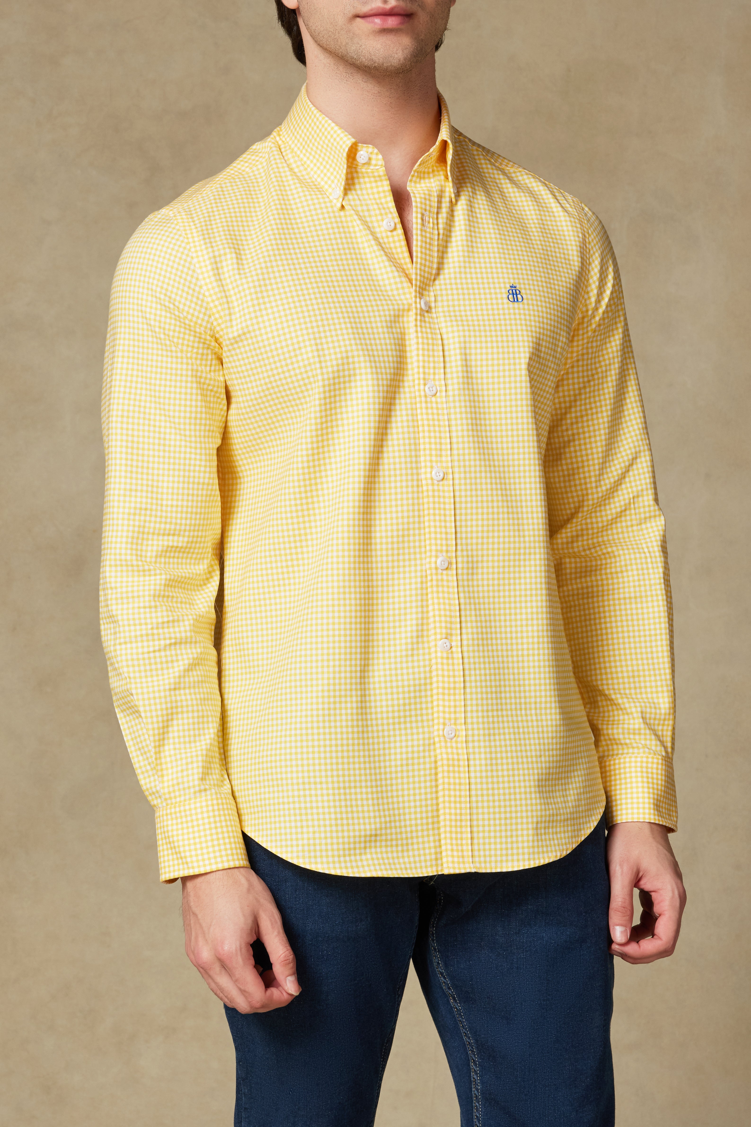 Abbate Luca Oxford Pamuklu Comfort Fit Sarı Düğmeli Yaka Erkek Kareli Gömlek