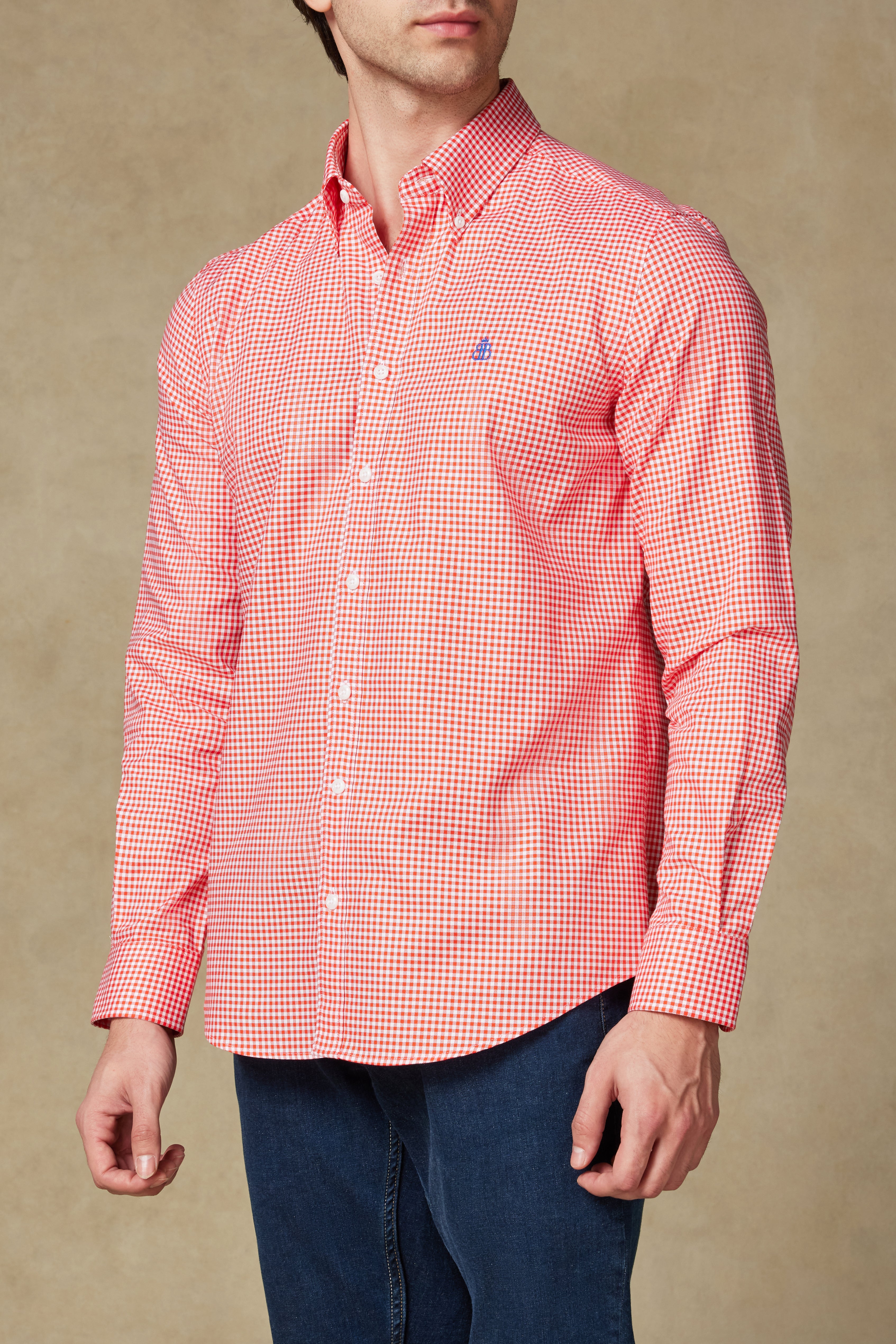 Abbate Luca Oxford Pamuklu Comfort Fit Pembe Düğmeli Yaka Erkek Kareli Gömlek