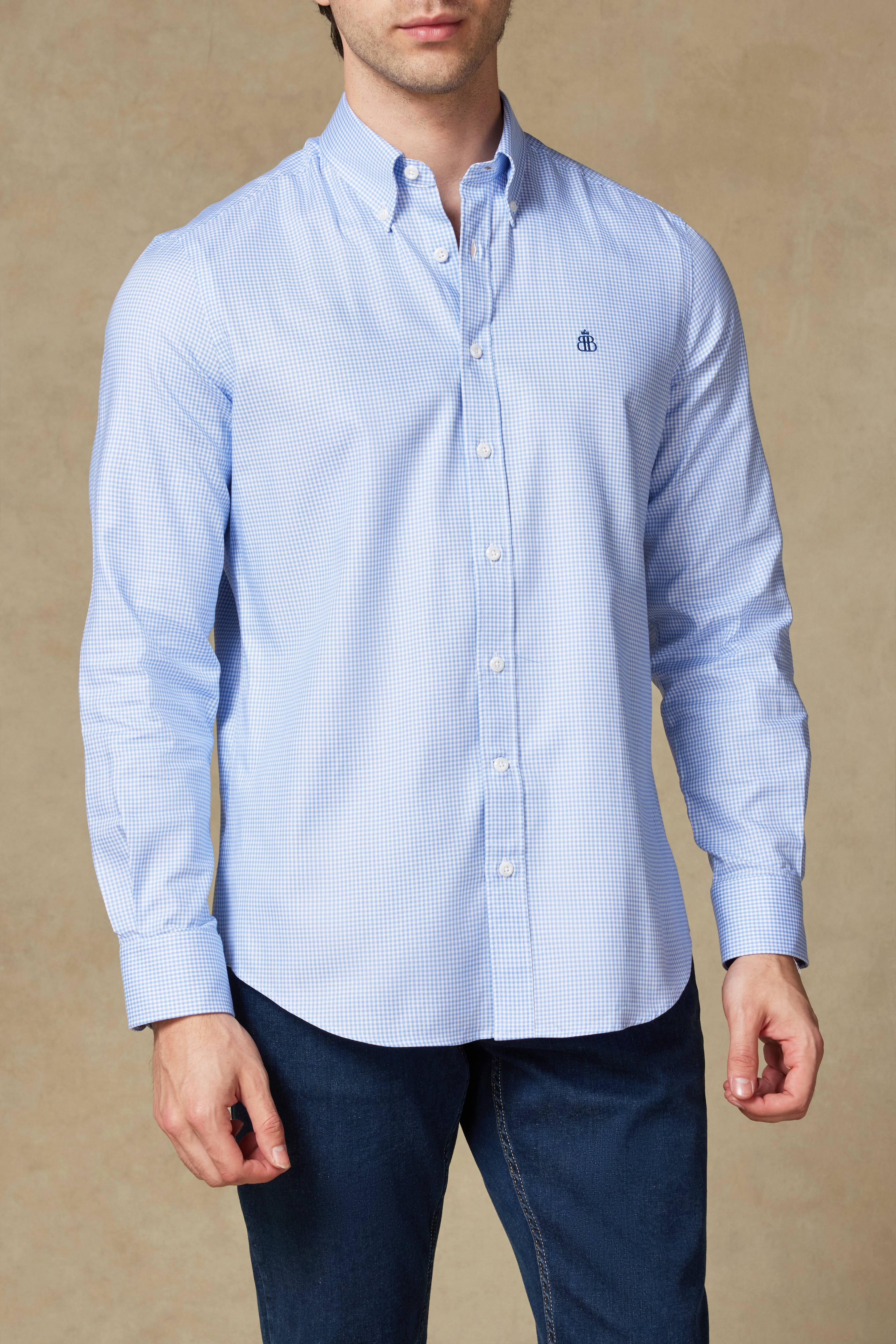 Abbate Luca Poplin Pamuklu Comfort Fit Açık Mavi Düğmeli Yaka Erkek Kareli Gömlek