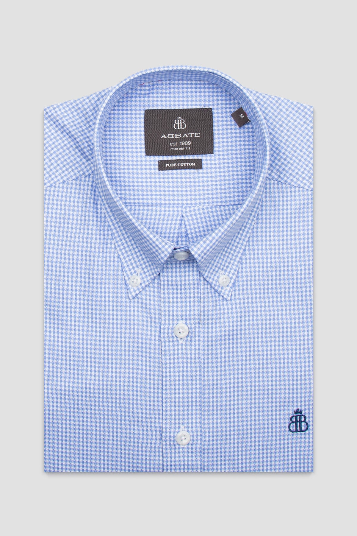 Abbate Luca Poplin Pamuklu Comfort Fit Açık Mavi Düğmeli Yaka Erkek Kareli Gömlek