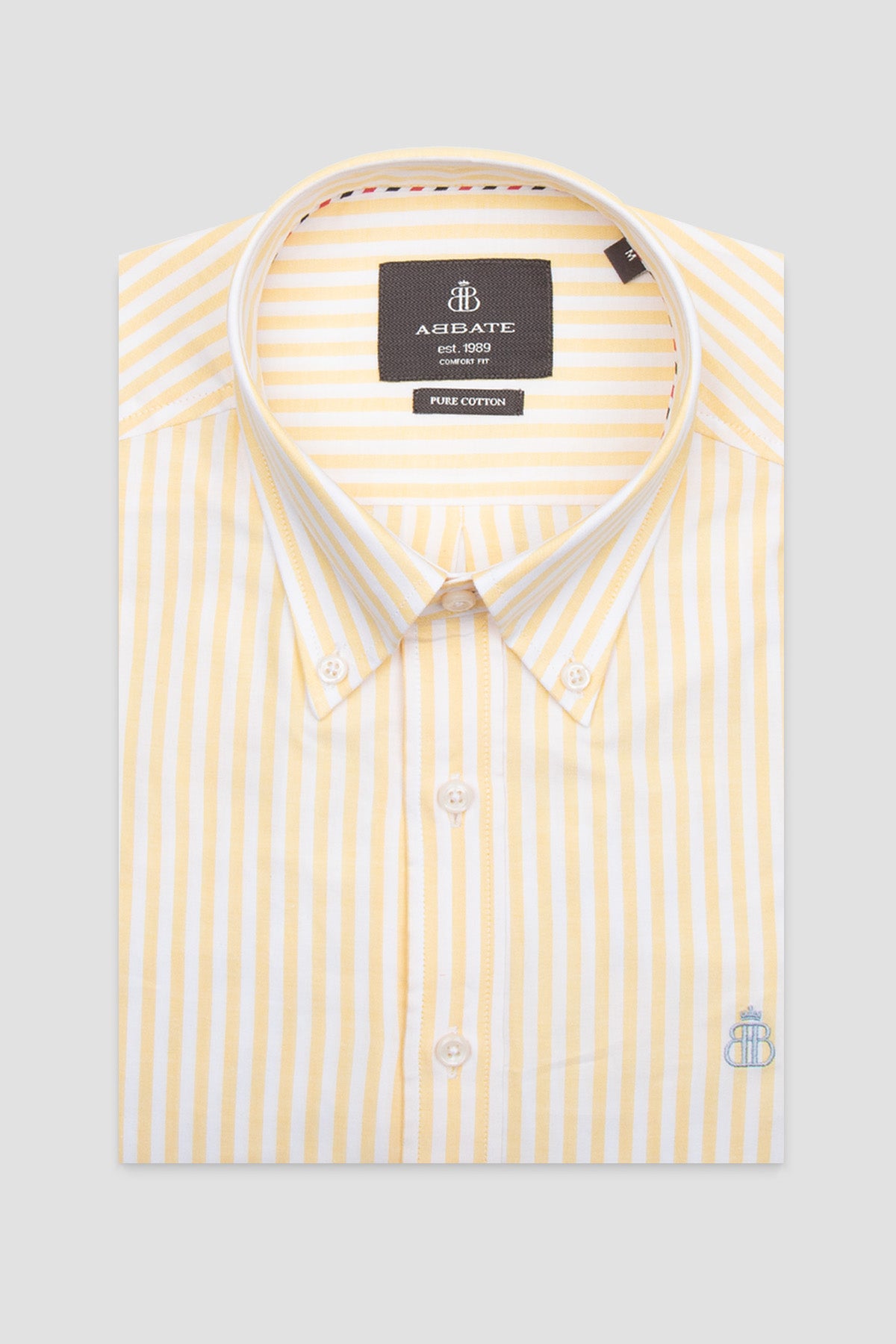 Abbate Luca Oxford Pamuklu Comfort Fit Sarı Düğmeli Yaka Erkek Çizgili Gömlek