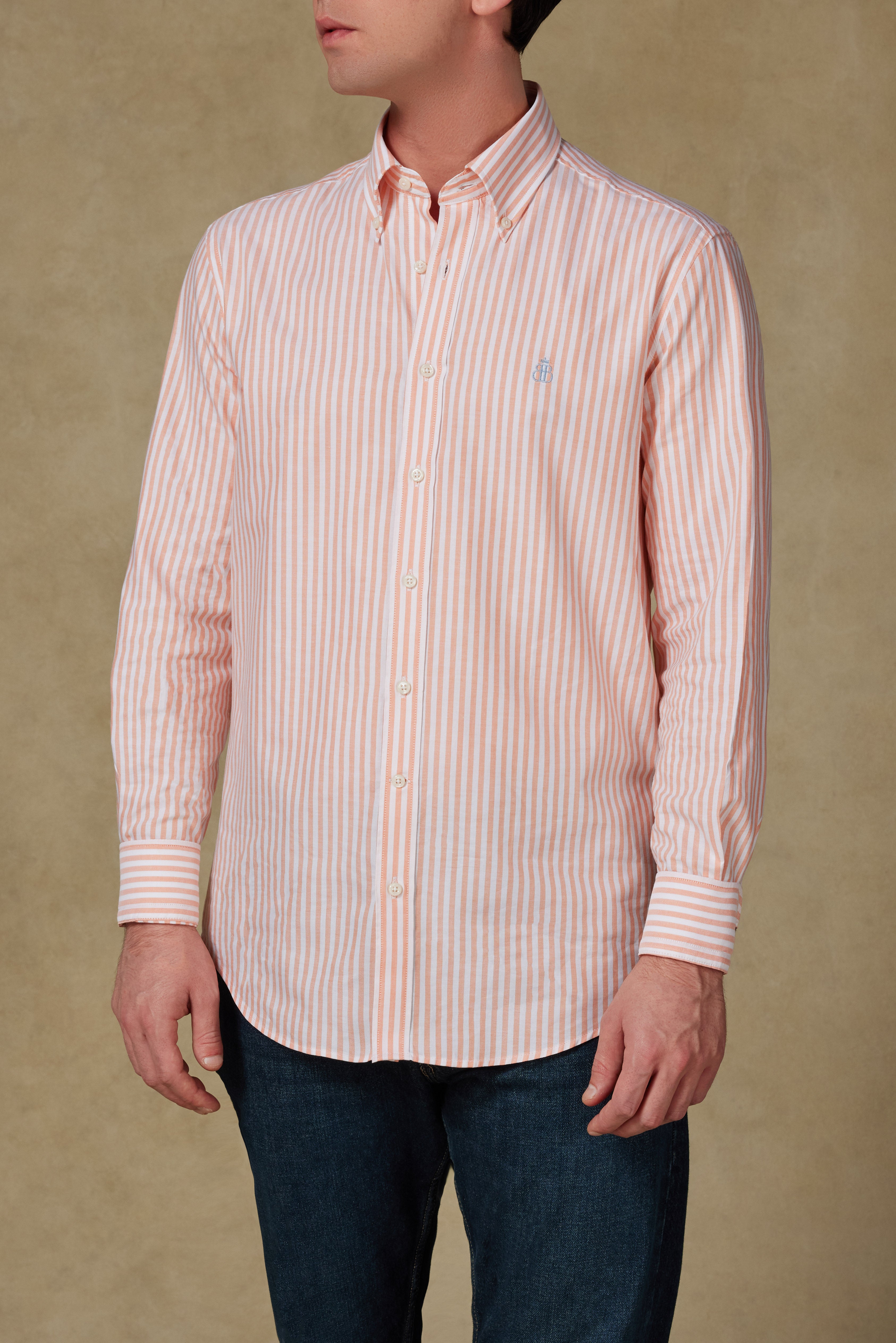 Abbate Luca Oxford Pamuklu Comfort Fit Somon Düğmeli Yaka Erkek Çizgili Gömlek