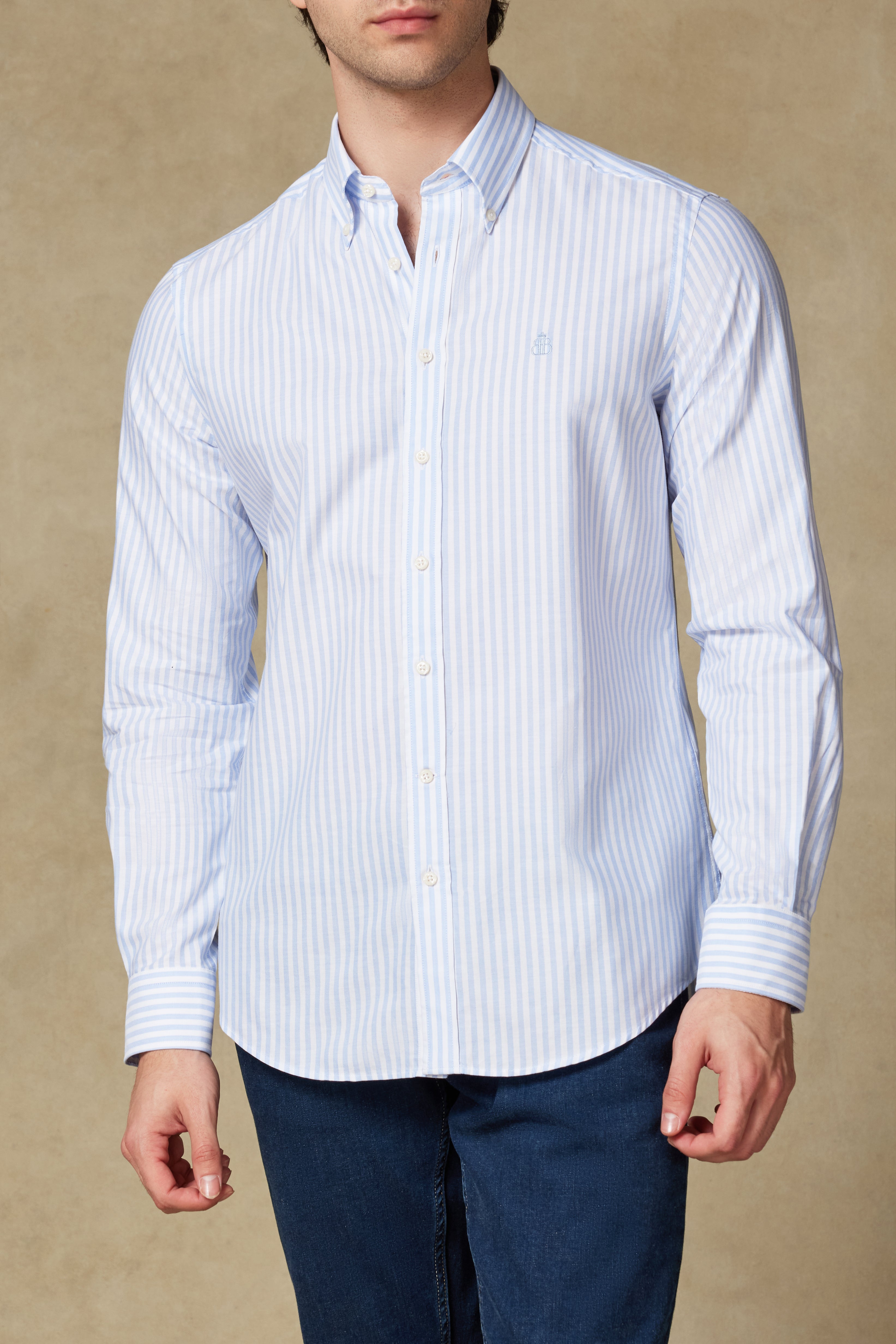 Abbate Luca Oxford Pamuklu Comfort Fit Açık Mavi Düğmeli Yaka Erkek Çizgili Gömlek