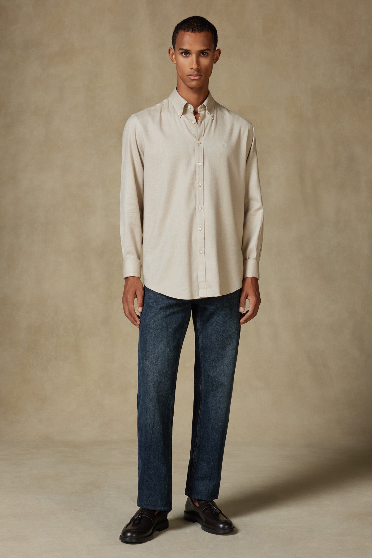 Abbate Luca Flanel Pamuk Karışımlı Comfort Fit Bej Düğmeli Yaka Erkek Düz Gömlek