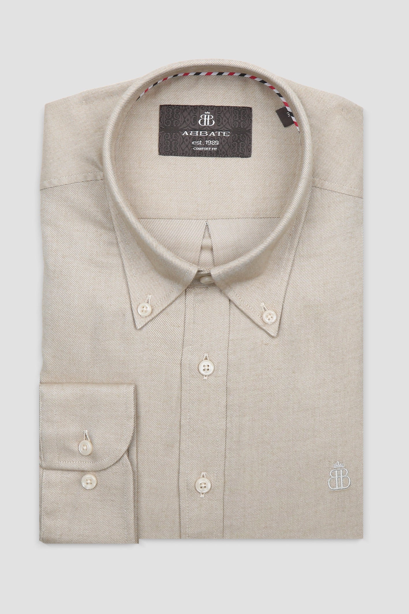 Abbate Luca Flanel Pamuk Karışımlı Comfort Fit Bej Düğmeli Yaka Erkek Düz Gömlek