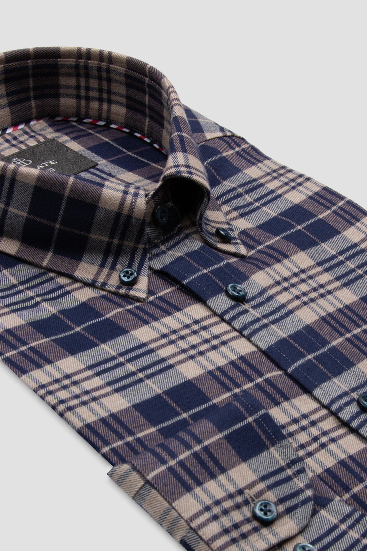 Abbate Luca Flanel Pamuk Karışımlı Comfort Fit Lacivert Düğmeli Yaka Erkek Ekoseli Gömlek