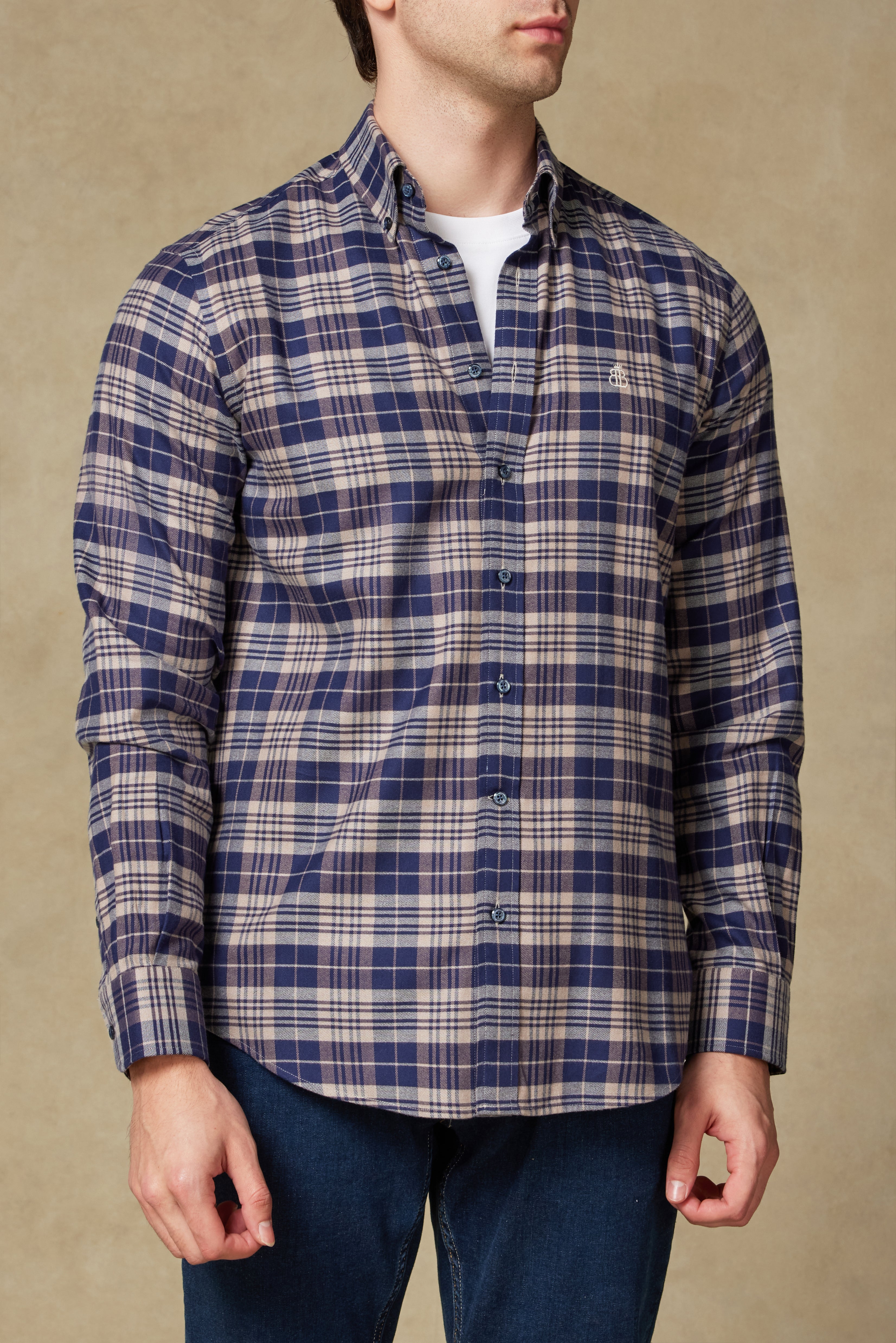 Abbate Luca Flanel Pamuk Karışımlı Comfort Fit Lacivert Düğmeli Yaka Erkek Ekoseli Gömlek