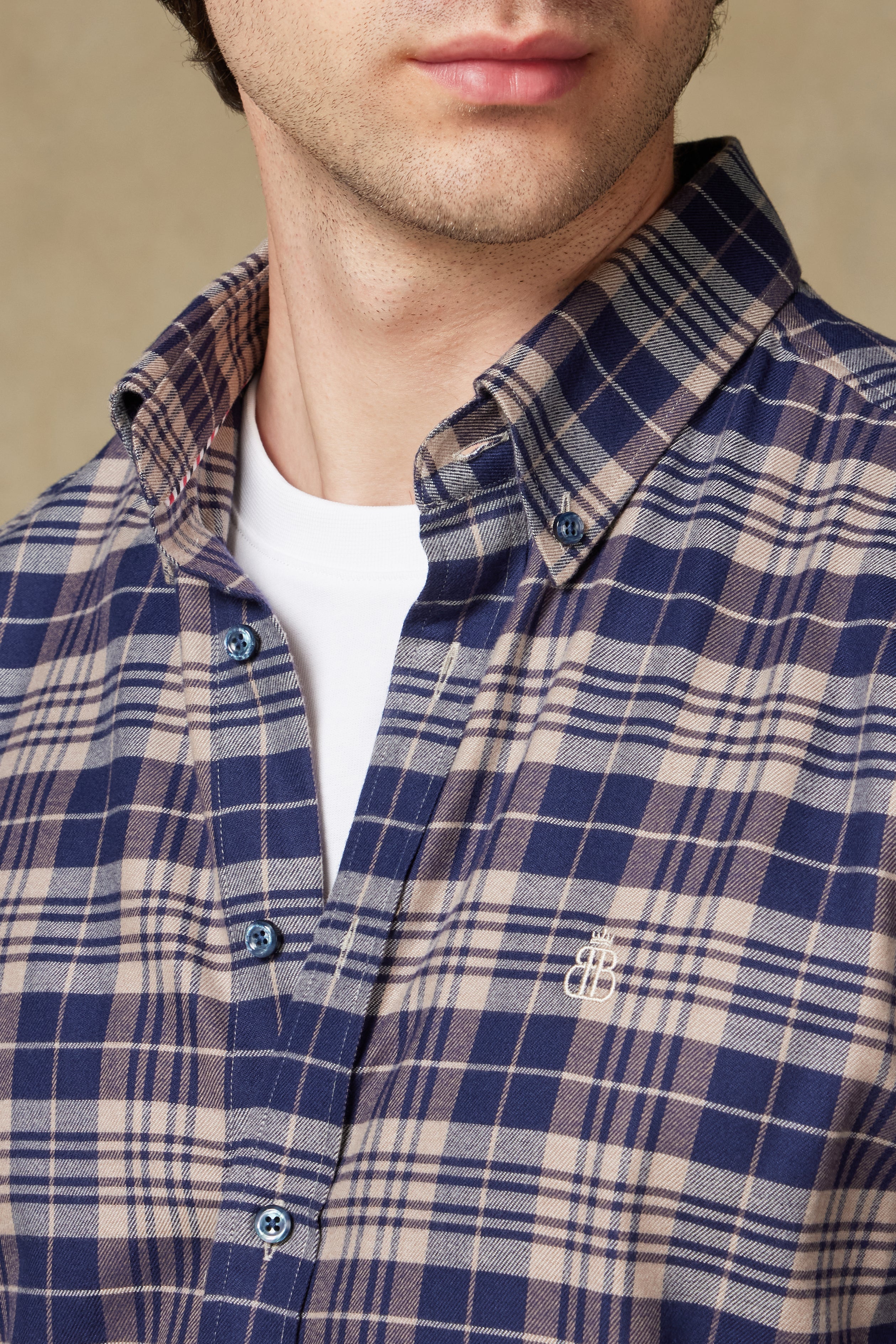 Abbate Luca Flanel Pamuk Karışımlı Comfort Fit Lacivert Düğmeli Yaka Erkek Ekoseli Gömlek