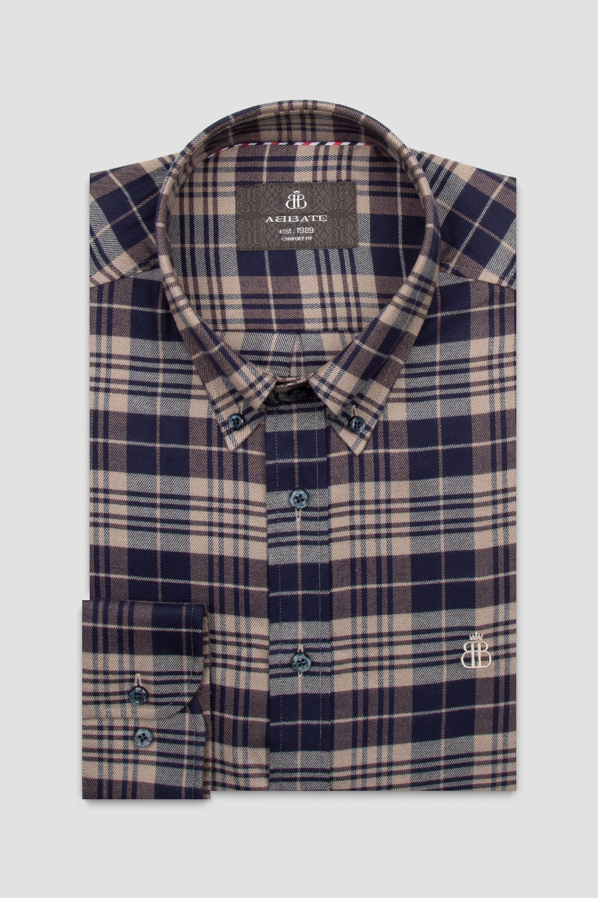 Abbate Luca Flanel Pamuk Karışımlı Comfort Fit Lacivert Düğmeli Yaka Erkek Ekoseli Gömlek