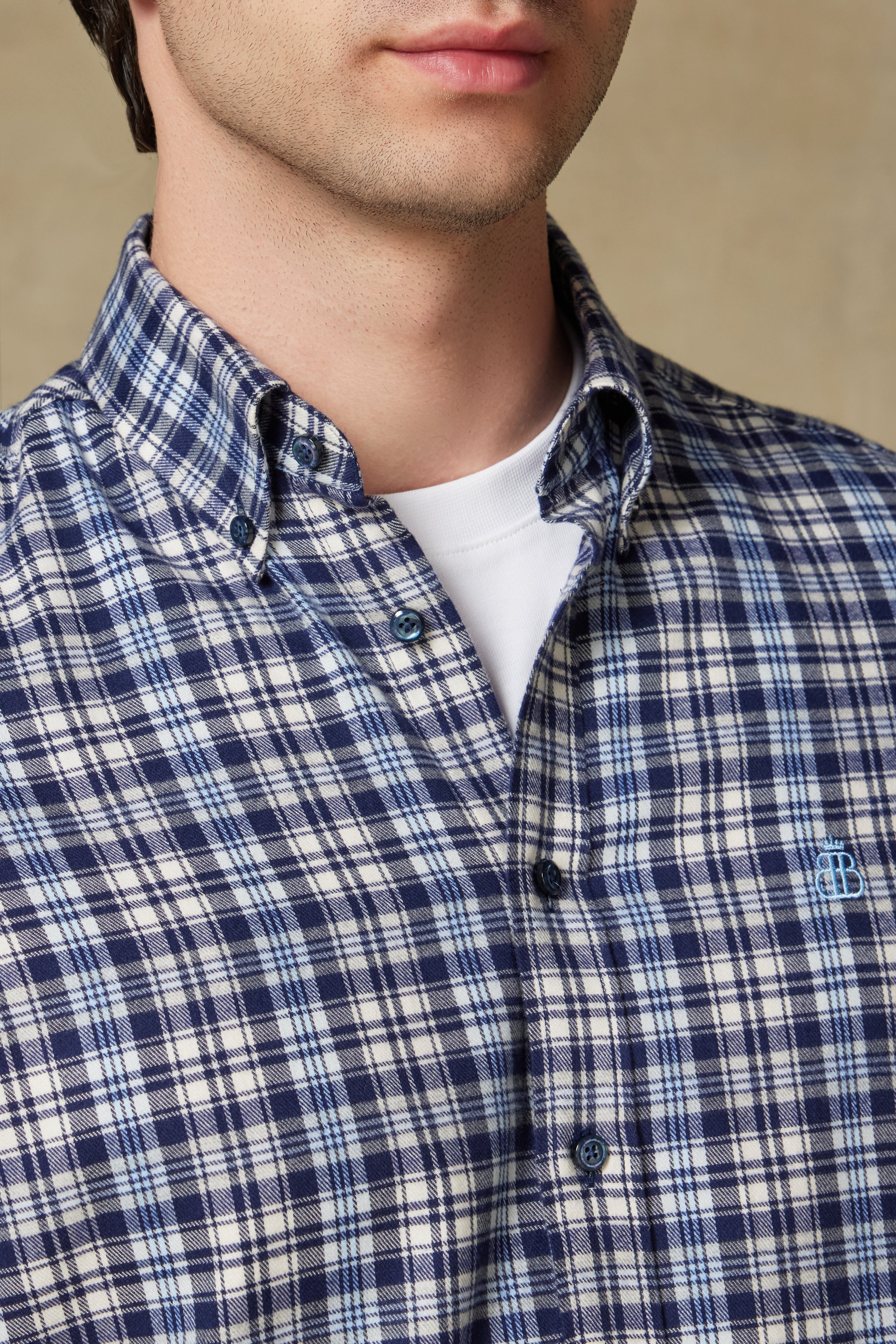 Abbate Luca Flanel Pamuk Karışımlı Comfort Fit Lacivert Düğmeli Yaka Erkek Ekoseli Gömlek