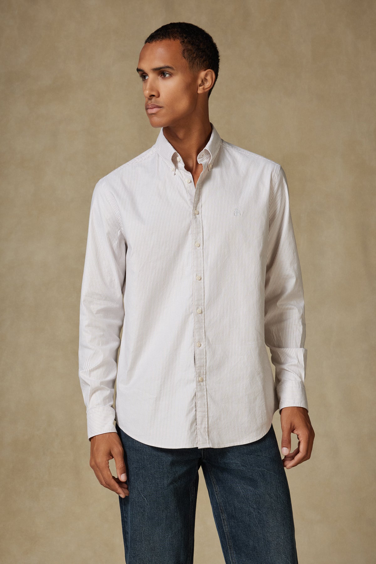 Abbate Luca Oxford Stretch Pamuk Karışımlı Comfort Fit Bej Düğmeli Yaka Erkek Çizgili Gömlek