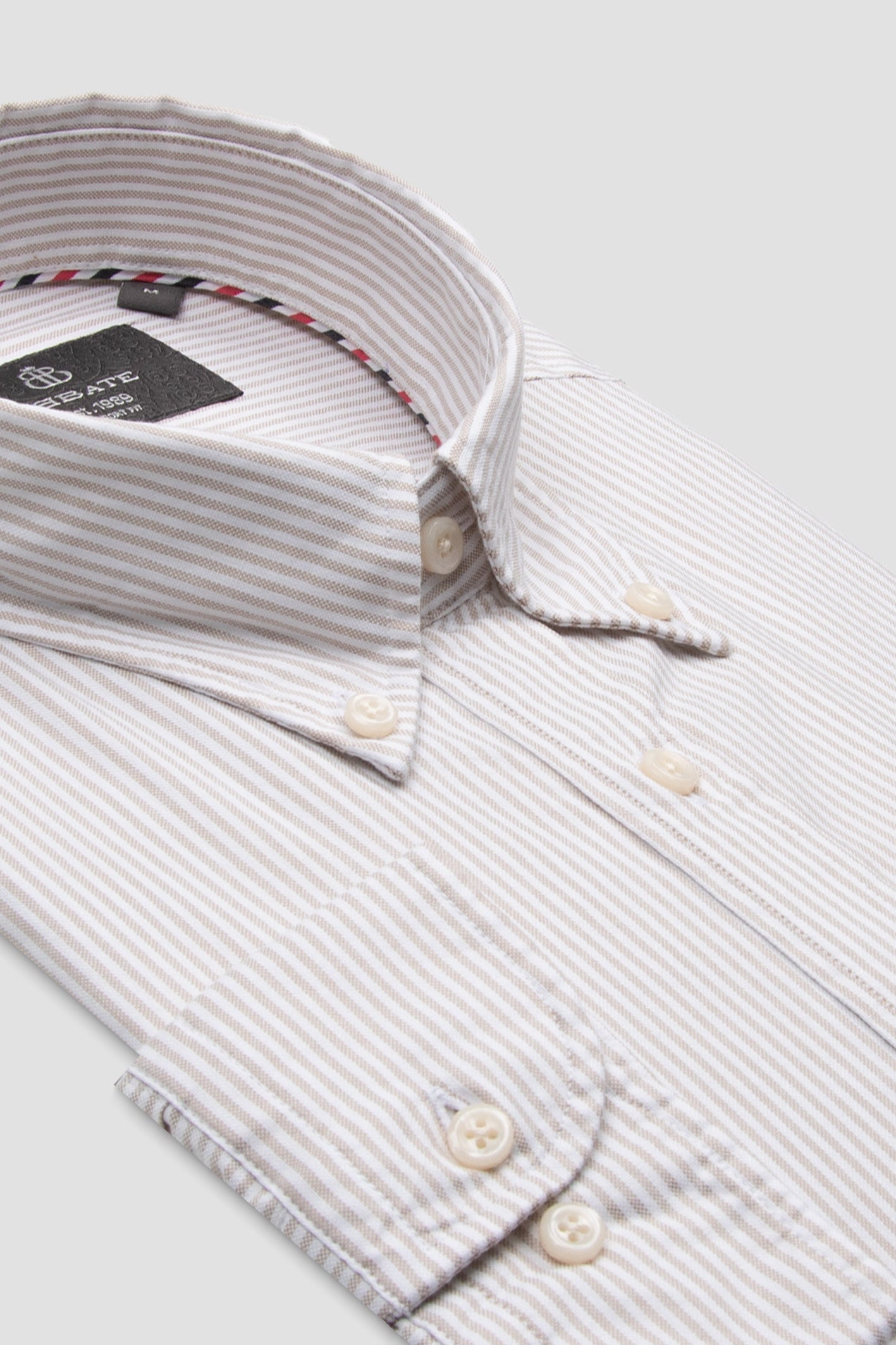 Abbate Luca Oxford Stretch Pamuk Karışımlı Comfort Fit Bej Düğmeli Yaka Erkek Çizgili Gömlek