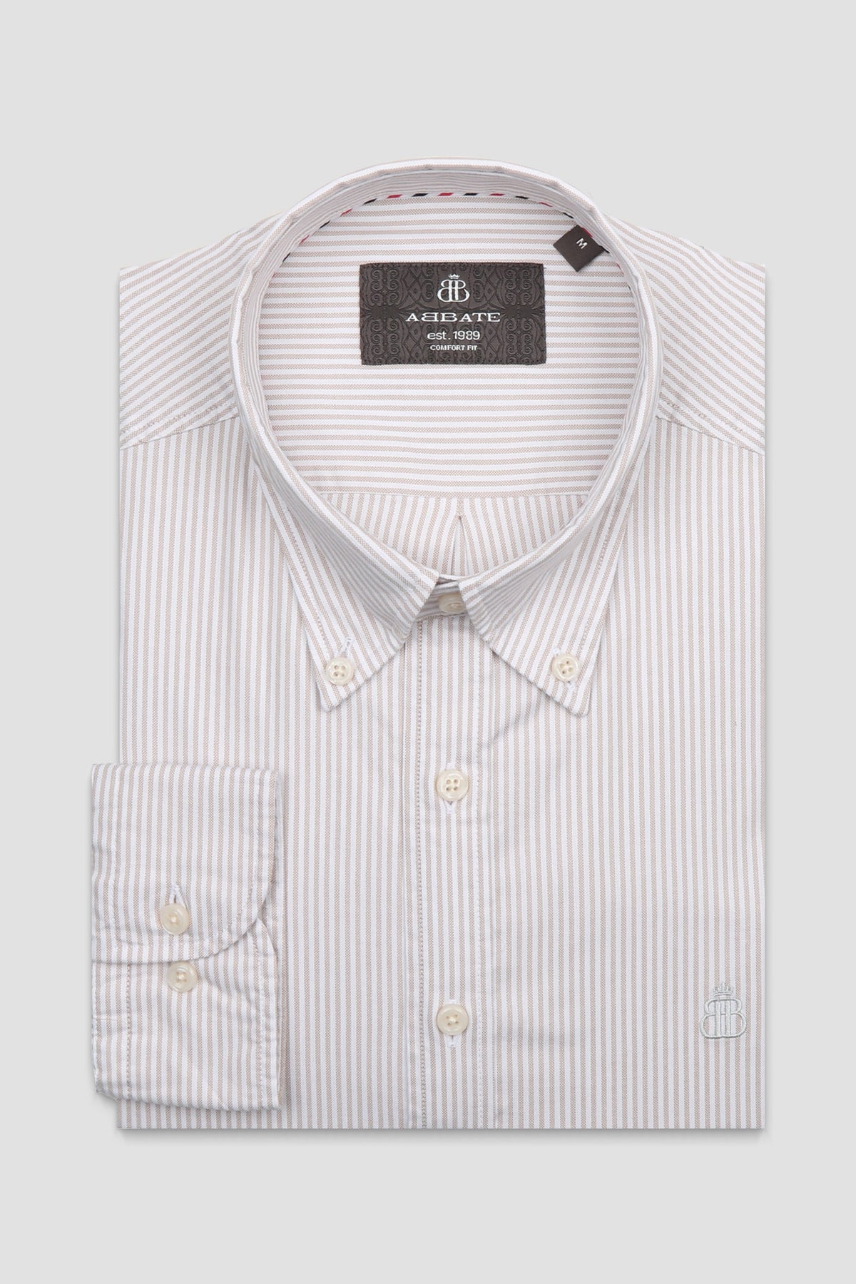 Abbate Luca Oxford Stretch Pamuk Karışımlı Comfort Fit Bej Düğmeli Yaka Erkek Çizgili Gömlek