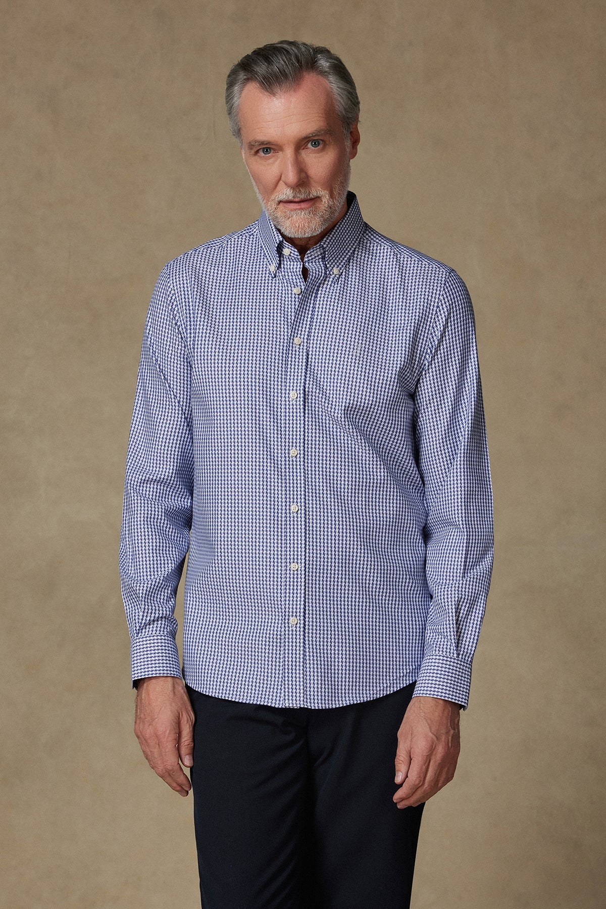 Abbate Matteo Armür Stretch Pamuk Karışımlı Comfort Fit Lacivert Düğmeli Yaka Erkek Desenli Gömlek