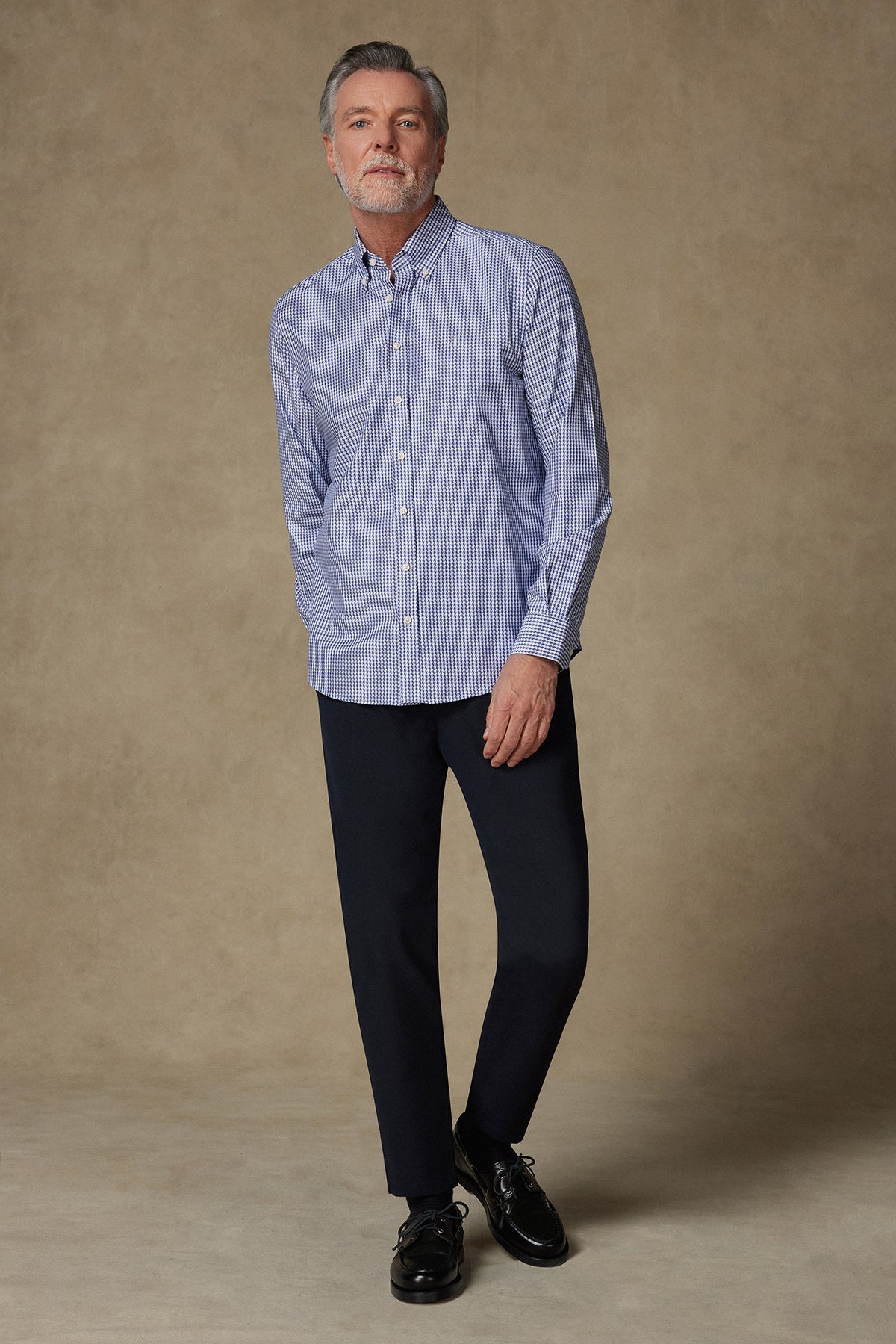 Abbate Matteo Armür Stretch Pamuk Karışımlı Comfort Fit Lacivert Düğmeli Yaka Erkek Desenli Gömlek