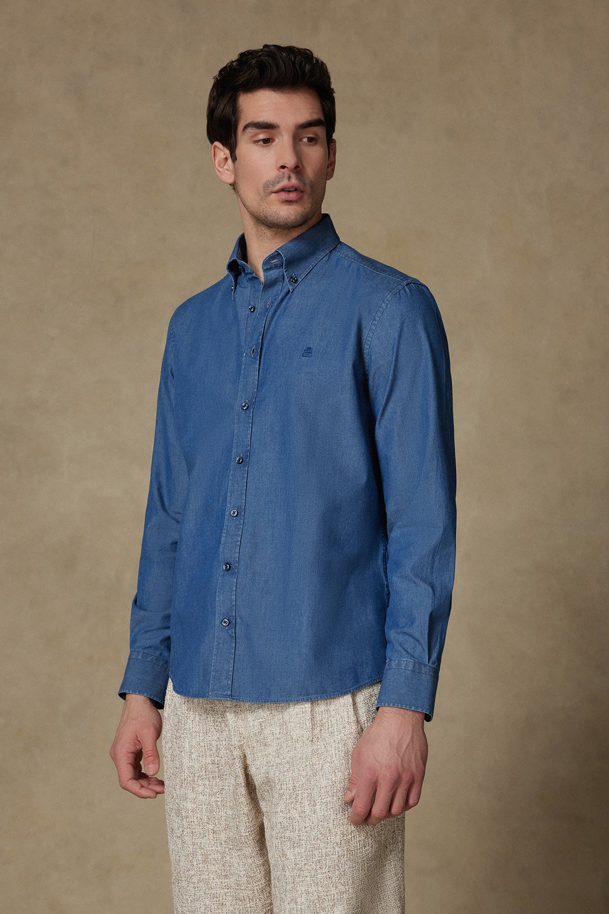 Abbate Matteo Denim Pamuklu Comfort Fit Lacivert Düğmeli Yaka Erkek Düz Gömlek