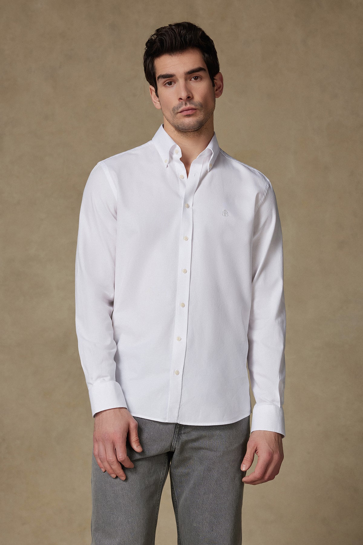 Abbate Matteo Royal Oxford %100 Pamuk Comfort Fit Beyaz Düğmeli Yaka Erkek Düz Gömlek