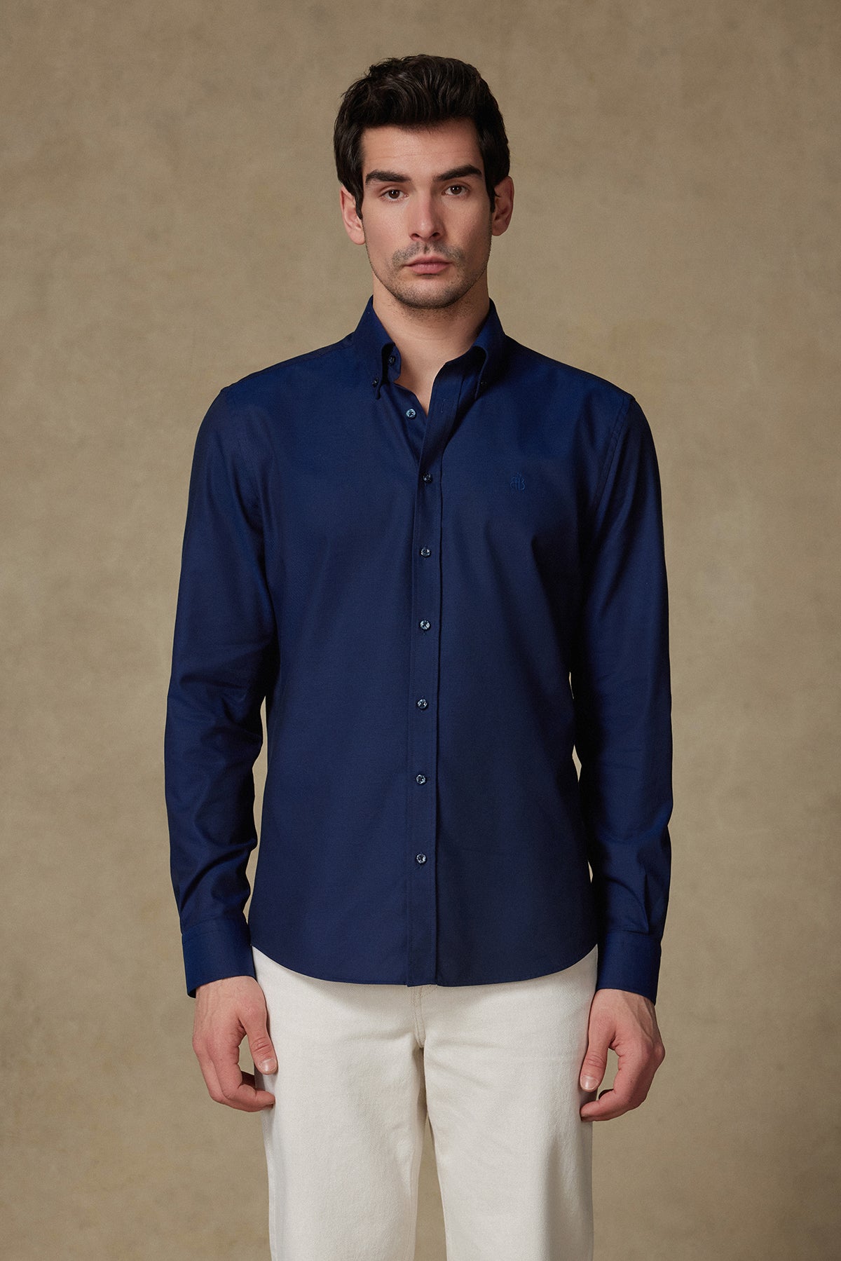 Abbate Matteo Royal Oxford Pamuklu Comfort Fit Lacivert Düğmeli Yaka Erkek Düz Gömlek
