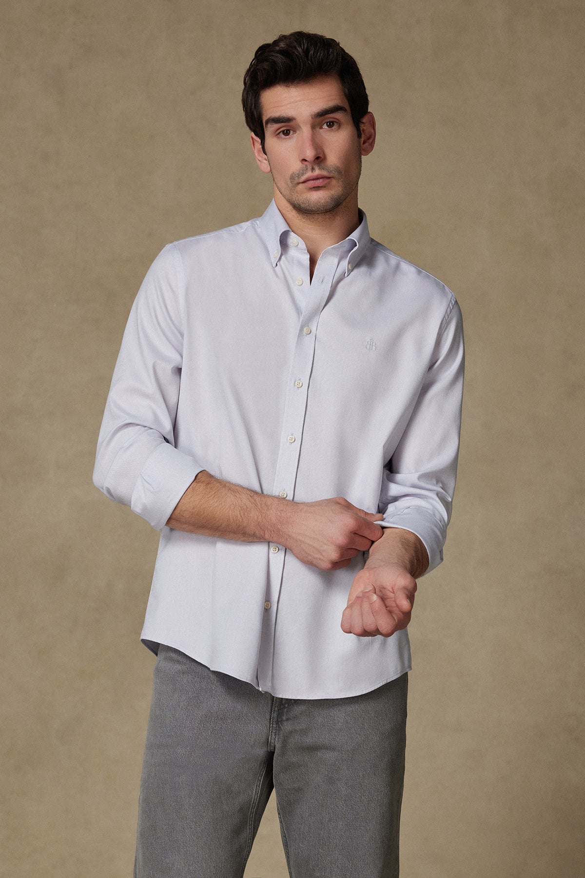 Abbate Matteo Royal Oxford Pamuklu Comfort Fit Açık Gri Düğmeli Yaka Erkek Düz Gömlek