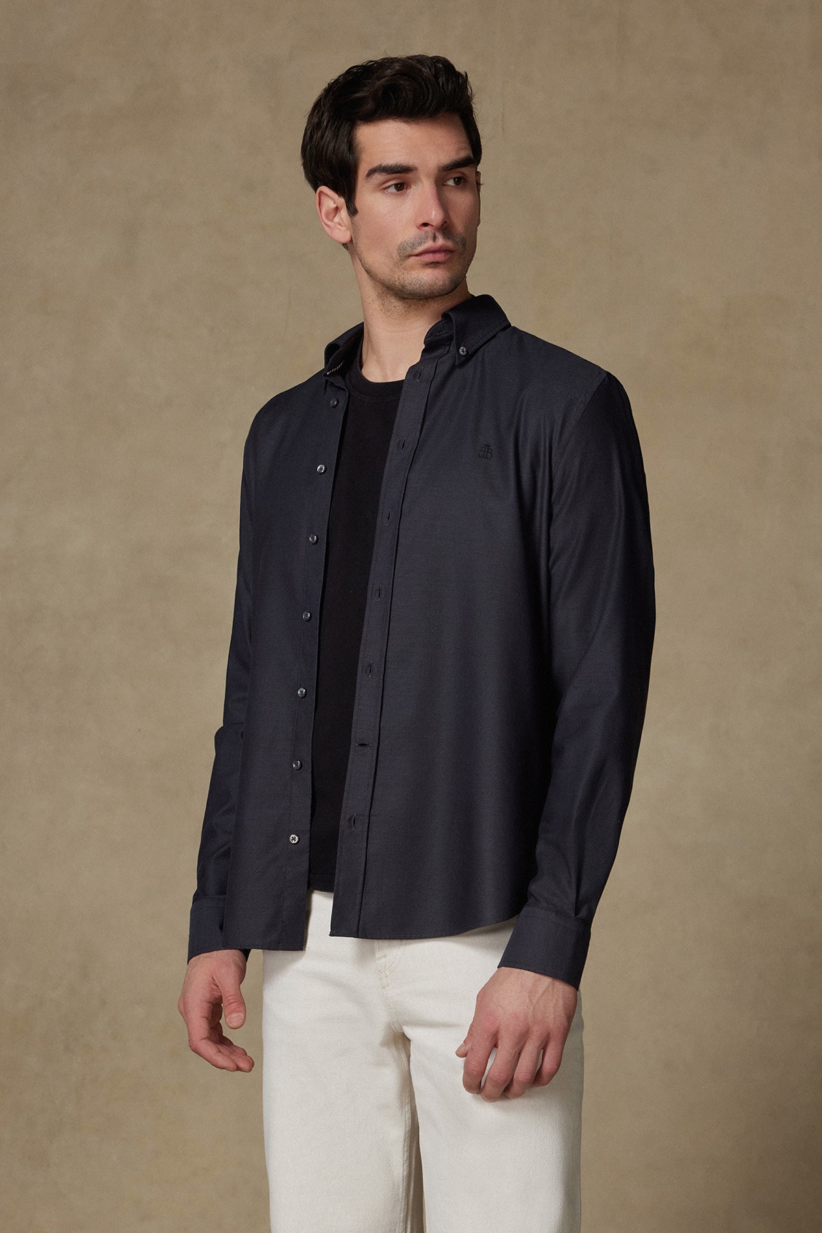 Abbate Matteo Royal Oxford %100 Pamuk Comfort Fit Siyah Düğmeli Yaka Erkek Düz Gömlek