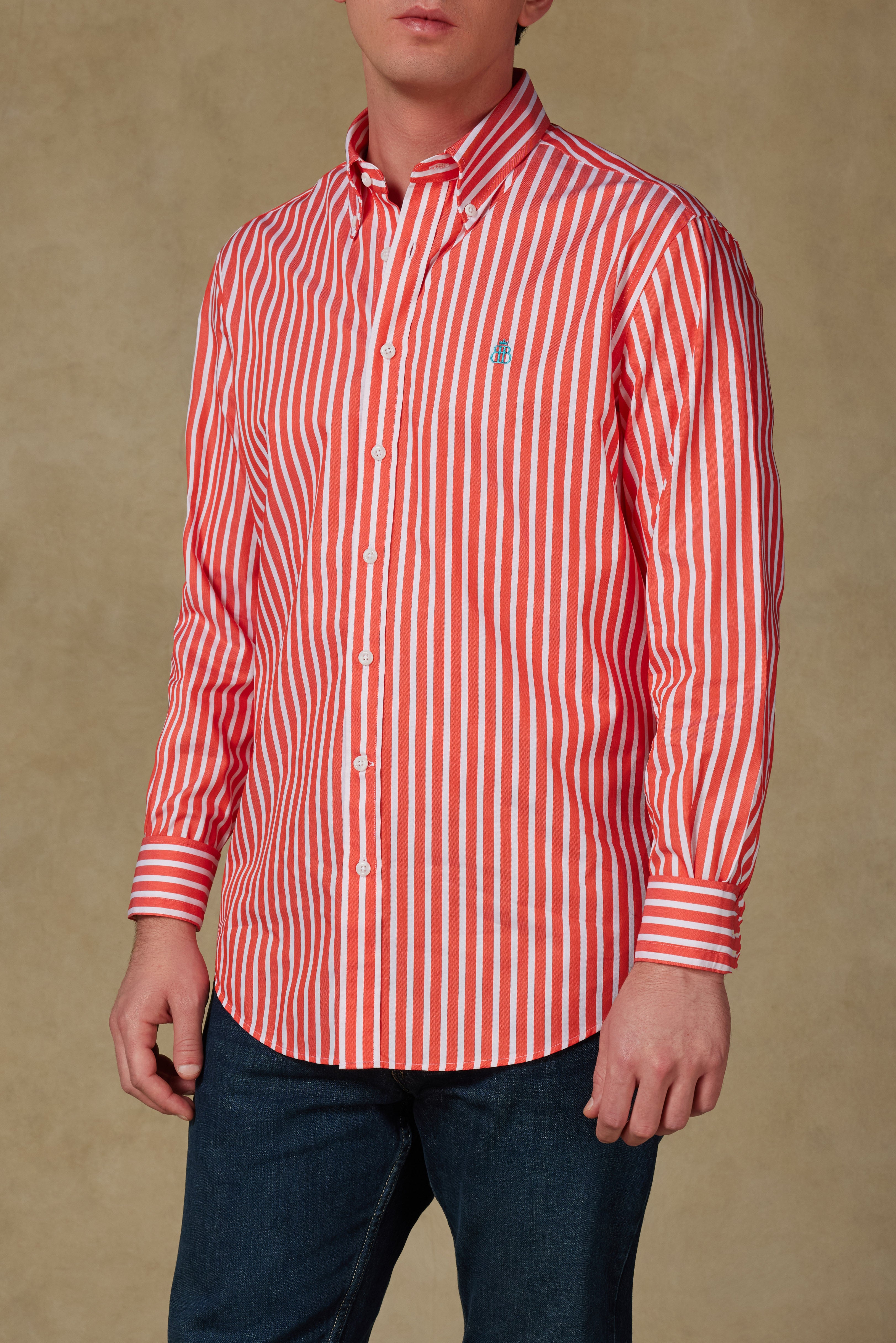 Abbate Matteo Twill Pamuklu Comfort Fit Somon Düğmeli Yaka Erkek Çizgili Gömlek