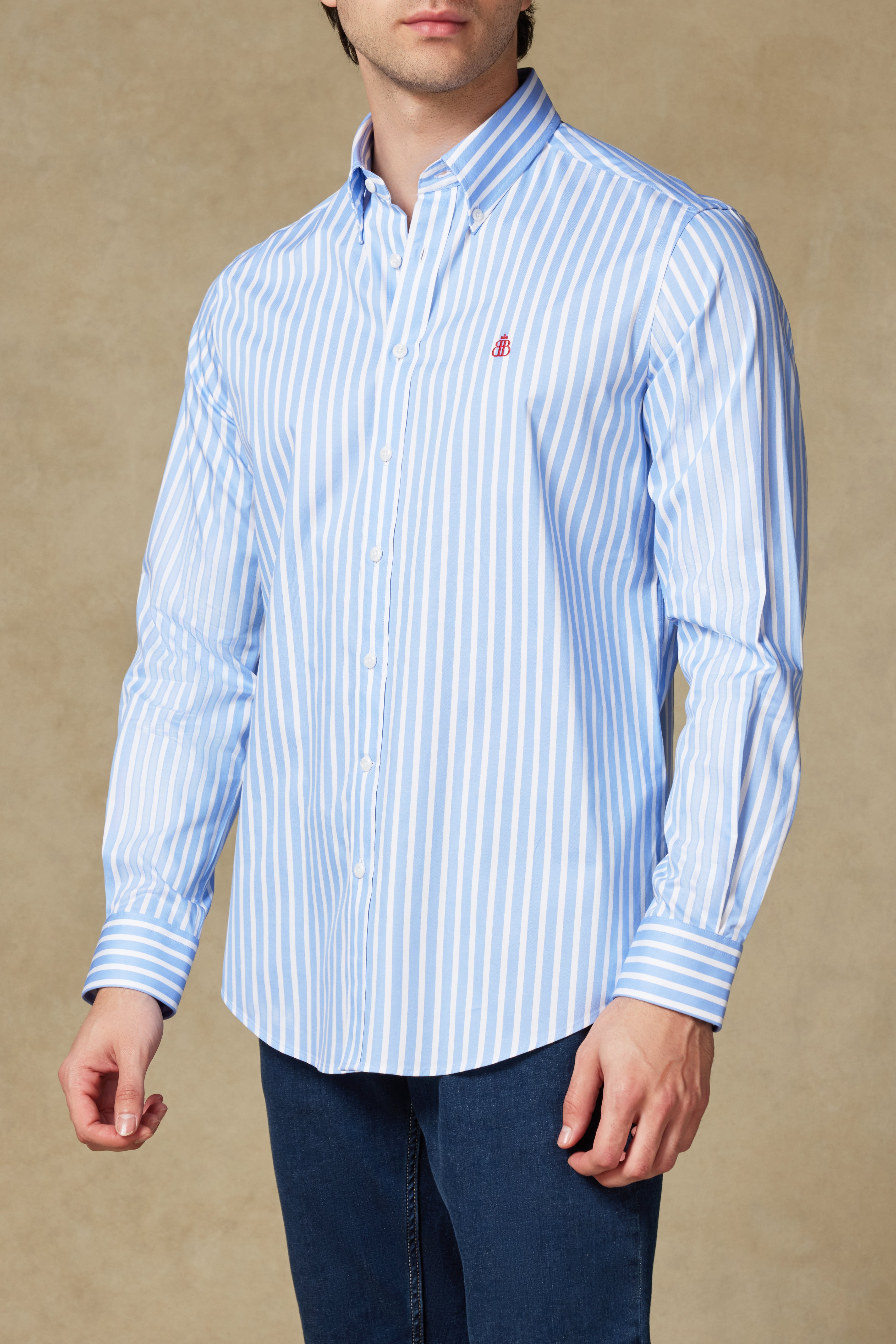 Abbate Matteo Twill Pamuklu Comfort Fit Açık Mavi Düğmeli Yaka Erkek Çizgili Gömlek