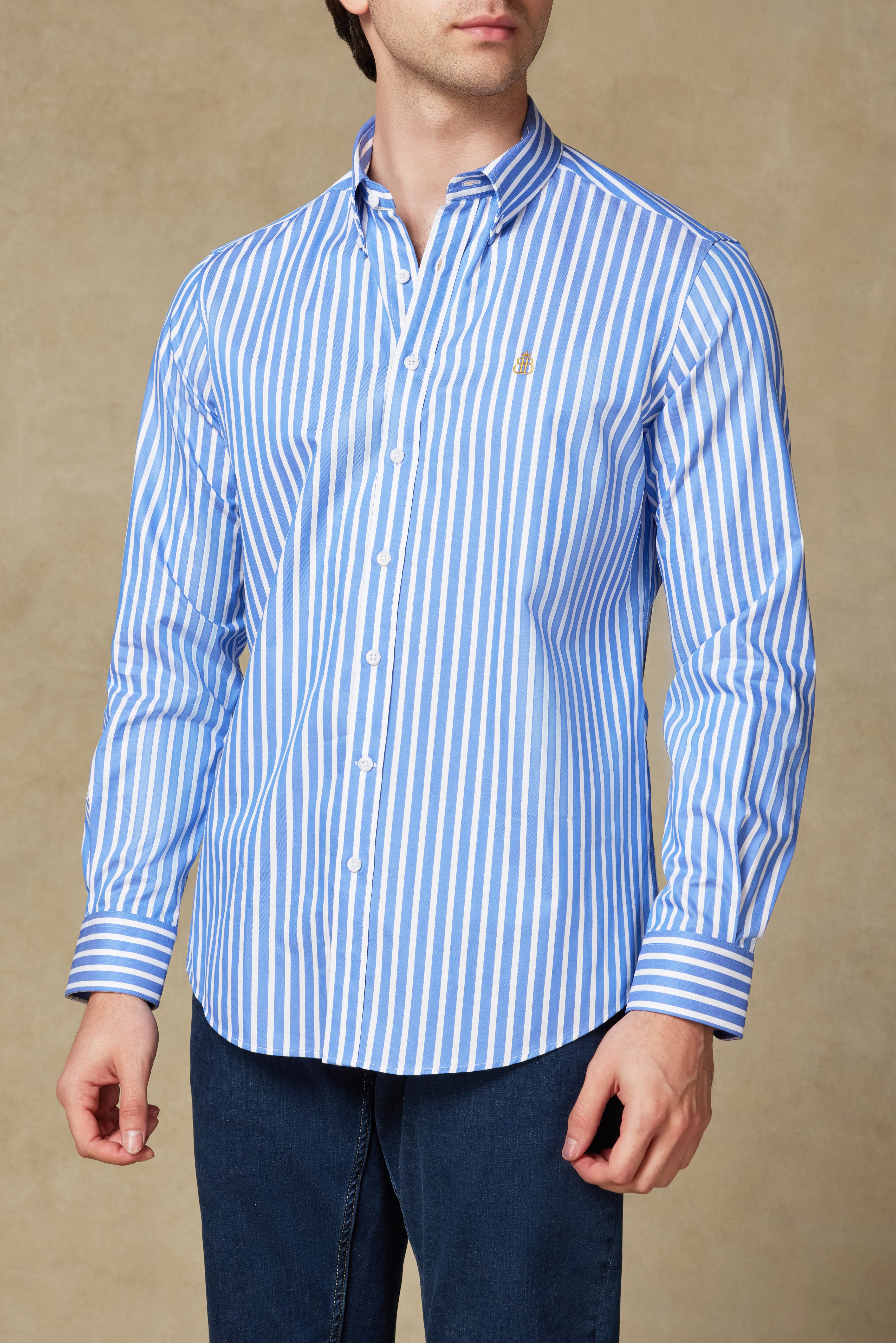Abbate Matteo Twill Pamuklu Comfort Fit Mavi Düğmeli Yaka Erkek Çizgili Gömlek