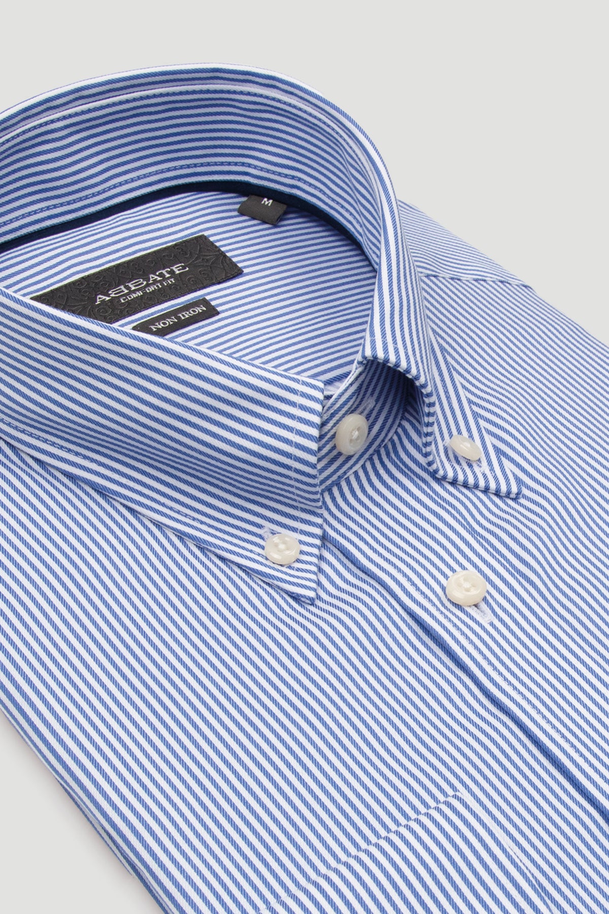 Abbate Matteo Non Iron Twill Pamuklu Comfort Fit Koyu Mavi Düğmeli Yaka Erkek Çizgili Gömlek