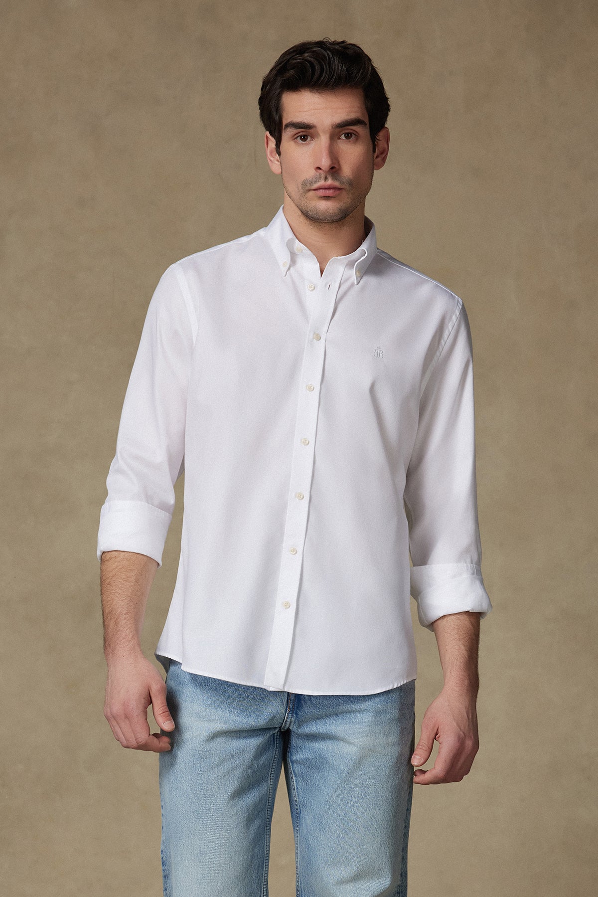 Abbate Marcel Amerikan Oxford Pamuklu Comfort Fit Beyaz Düğmeli Yaka Erkek Düz Gömlek