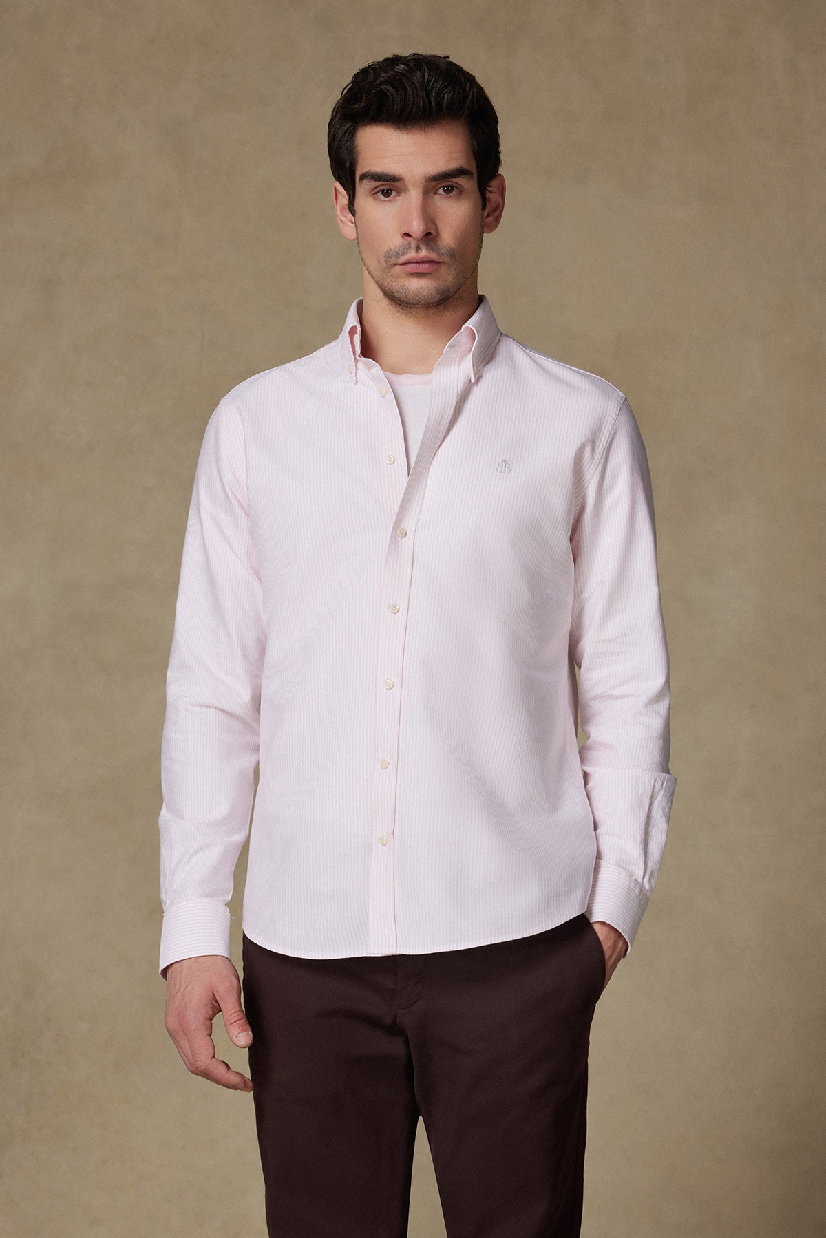 Abbate Marcel Amerikan Oxford Pamuklu Comfort Fit Pembe Düğmeli Yaka Erkek Çizgili Gömlek