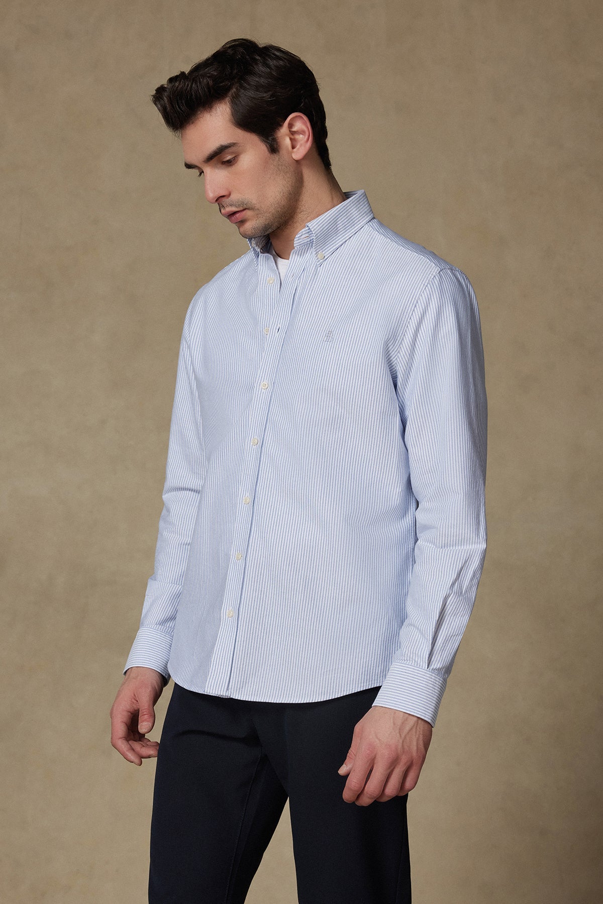 Abbate Marcel Amerikan Oxford Pamuklu Comfort Fit Koyu Mavi Düğmeli Yaka Erkek Çizgili Gömlek