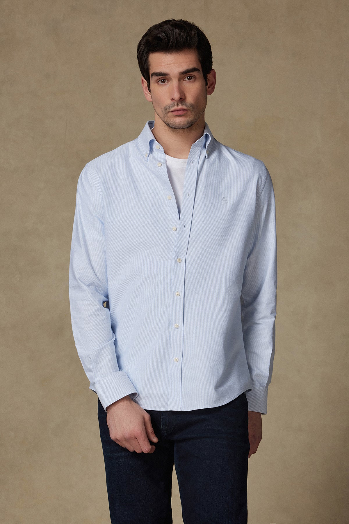Abbate Marcel Amerikan Oxford Pamuklu Comfort Fit Açık Mavi Düğmeli Yaka Erkek Çizgili Gömlek