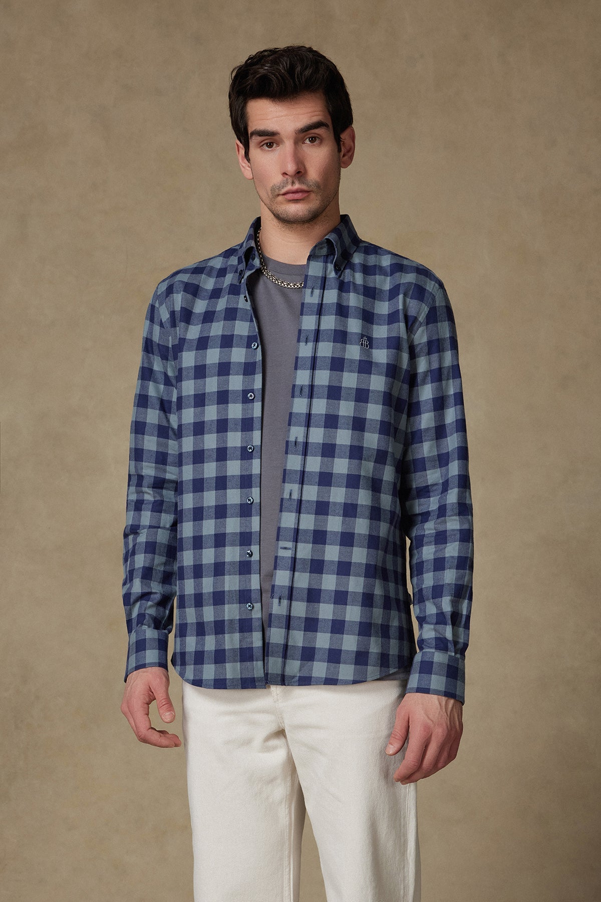 Abbate Luis Twill Pamuklu Comfort Fit Açık Gri Düğmeli Yaka Erkek Ekoseli Gömlek