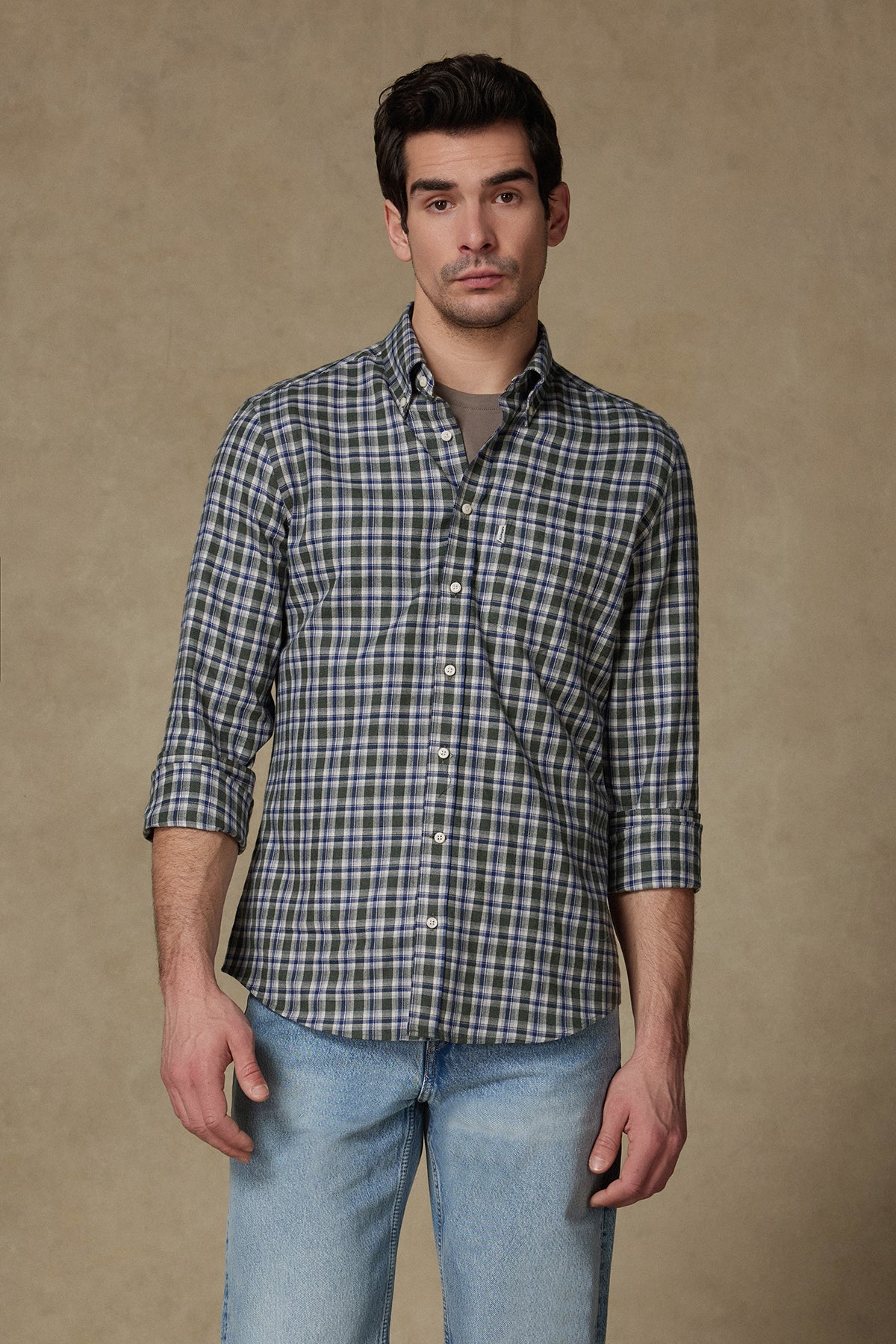 Abbate Aldo Poplin Pamuklu Comfort Fit Yeşil Düğmeli Yaka Erkek Kareli Gömlek