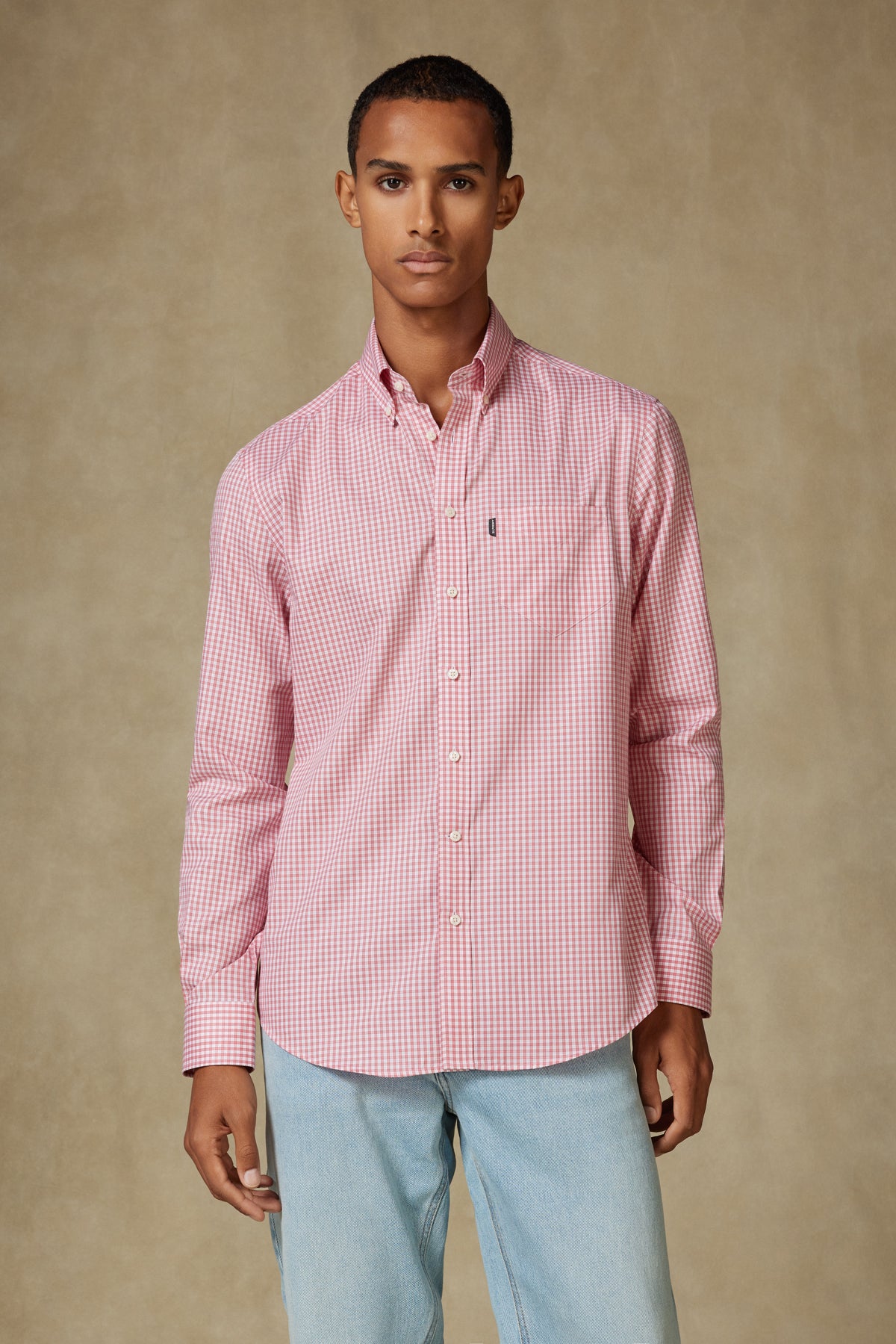 Abbate Aldo Poplin Pamuklu Comfort Fit Pembe Düğmeli Yaka Erkek Kareli Gömlek