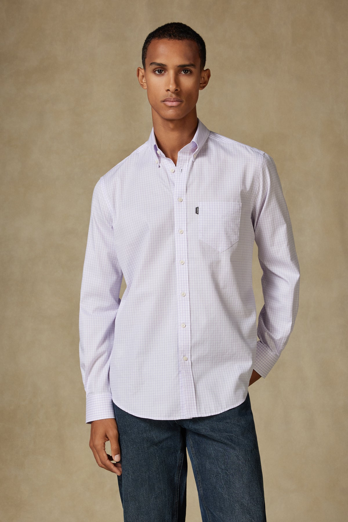 Abbate Aldo Poplin Pamuklu Comfort Fit Mor Düğmeli Yaka Erkek Kareli Gömlek
